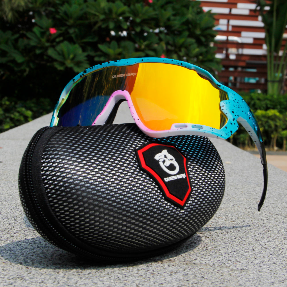 QE44 Blue Pink Polarized Cycling Sunglasses UV400 Bike Glasses Sport Eyewear for Men Women 4 Lens