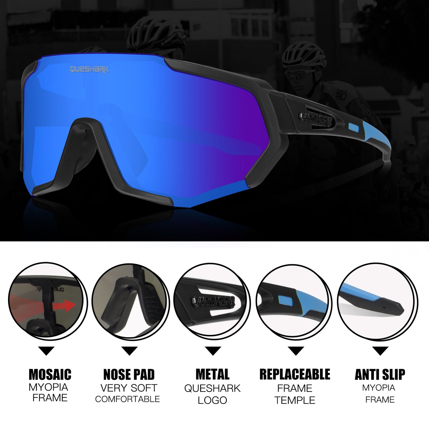 <transcy>Óculos de sol polarizados para bicicleta QE48 preto azul óculos de proteção para ciclismo óculos UV400 5 lentes / conjunto</transcy>