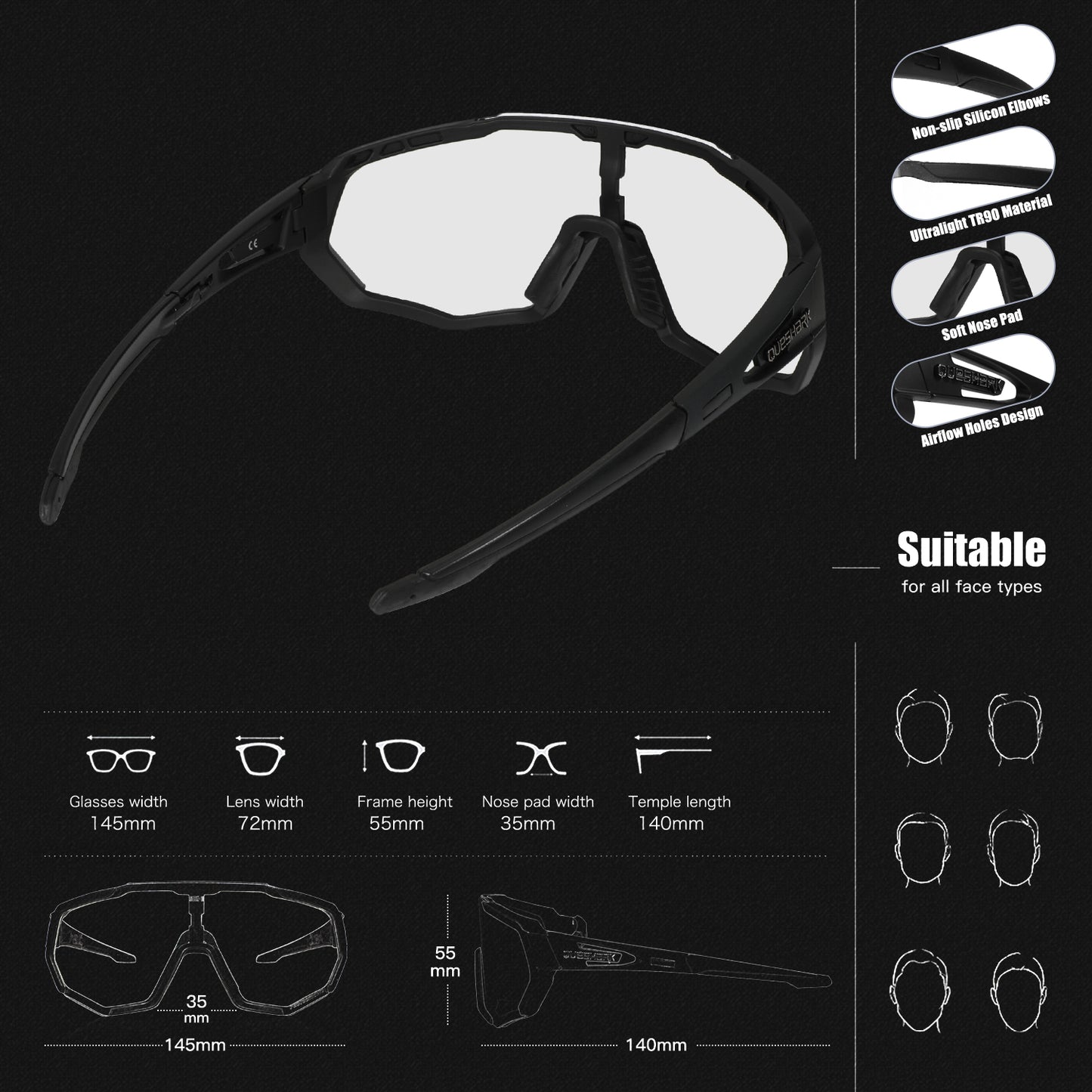 Óculos de sol fotocromáticos QE48 BS Queshark para homens mulheres óculos de segurança para ciclismo proteção UV esporte ao ar livre MTB preto