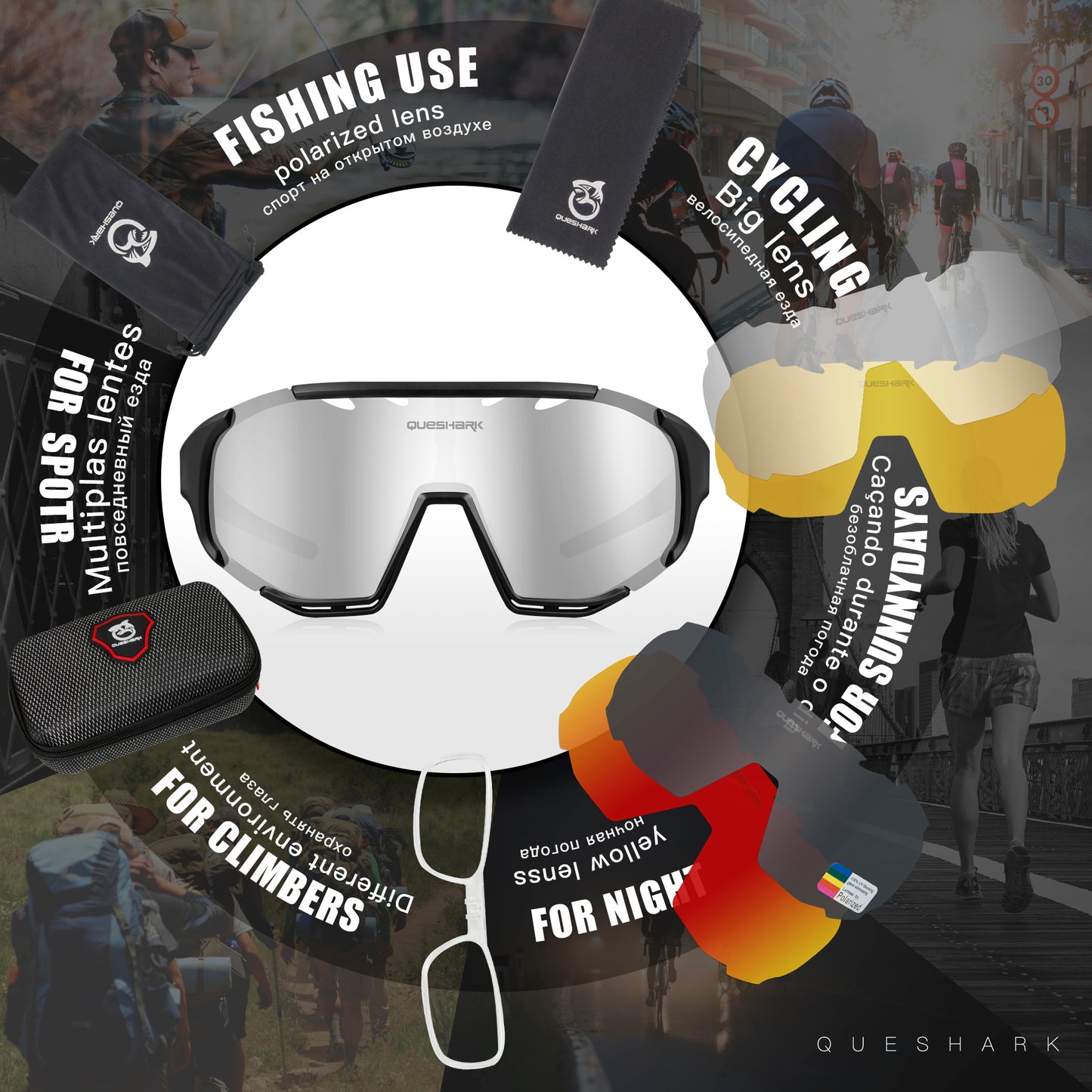 <transcy>QE55 Lunettes de soleil polarisées noires Lunettes de cyclisme Hommes Femmes Lunettes de conduite surdimensionnées avec 5 lentilles</transcy>