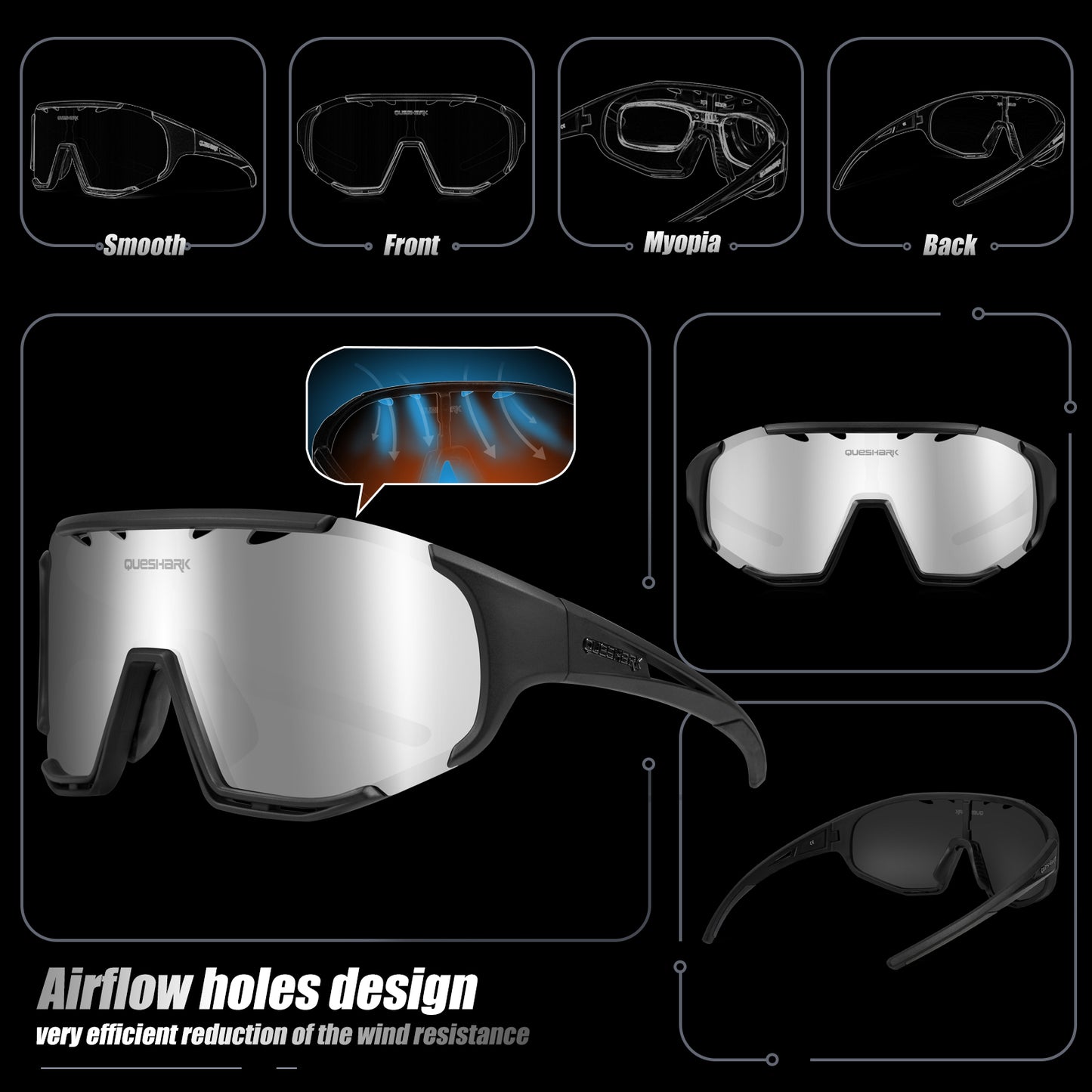<transcy>QE55 Lunettes de soleil polarisées noires Lunettes de cyclisme Hommes Femmes Lunettes de conduite surdimensionnées avec 5 lentilles</transcy>