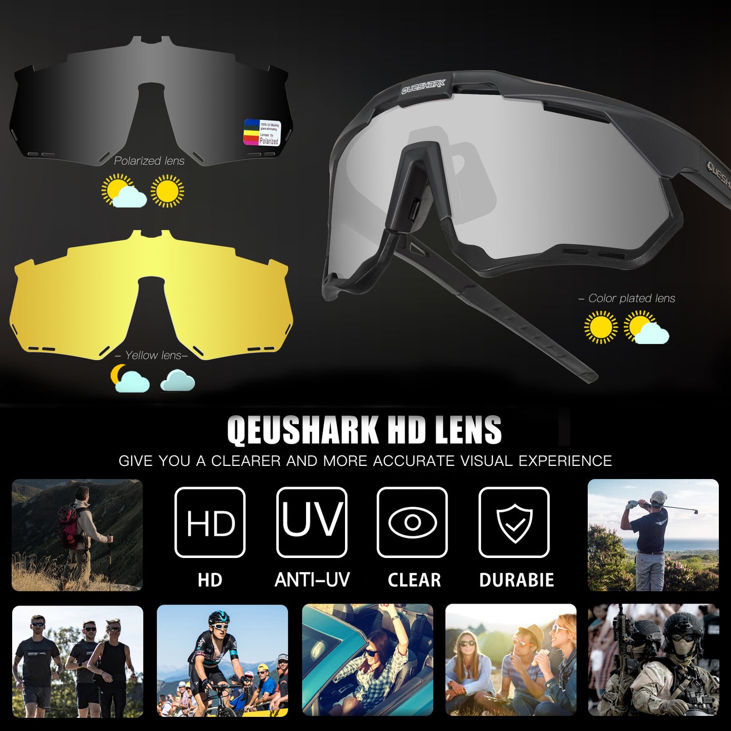 QE52 Black Polarized Cycling Glasses Men Women Sport Sunglasses with Replaceable Frame/Lens