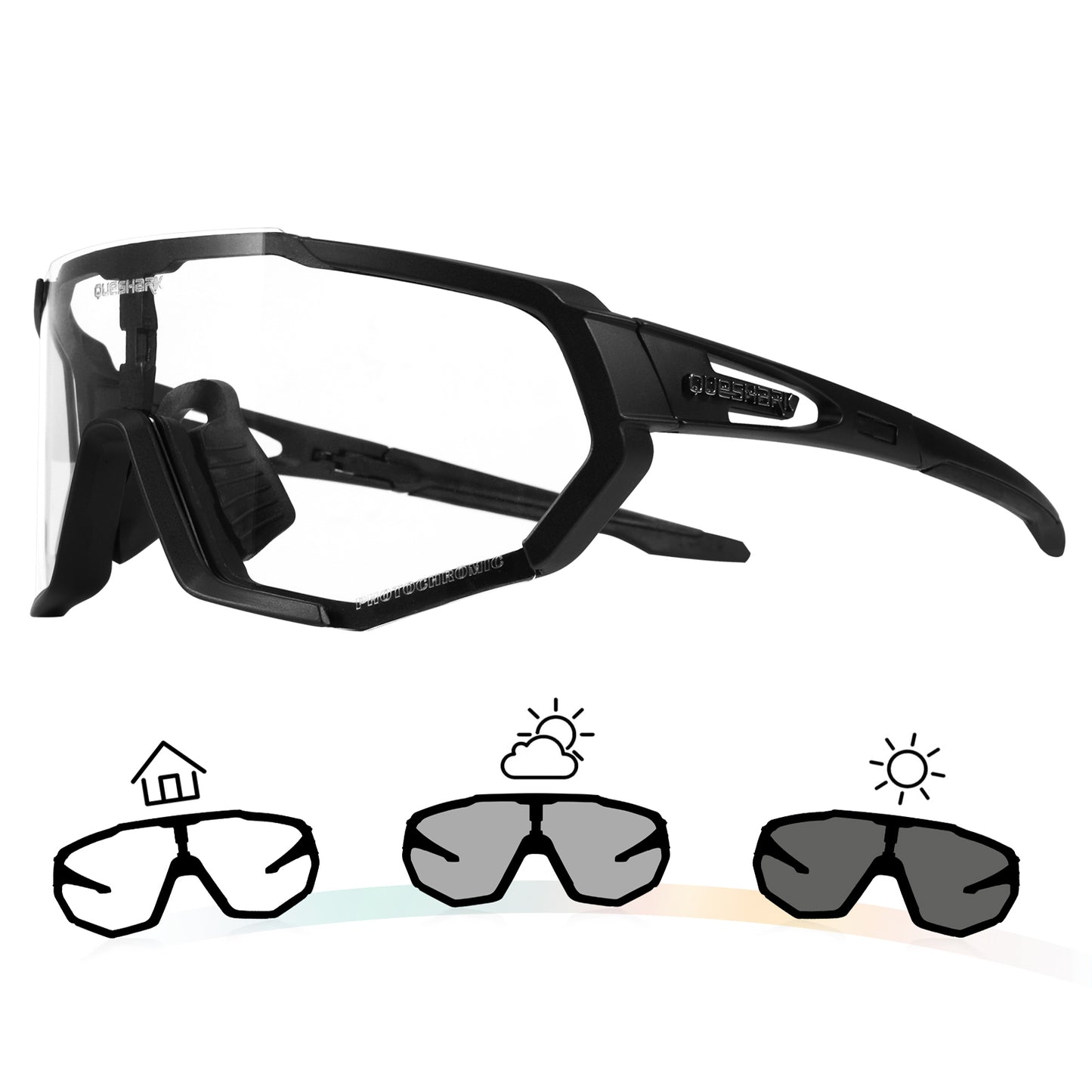 Óculos de sol fotocromáticos QE48 BS Queshark para homens mulheres óculos de segurança para ciclismo proteção UV esporte ao ar livre MTB preto
