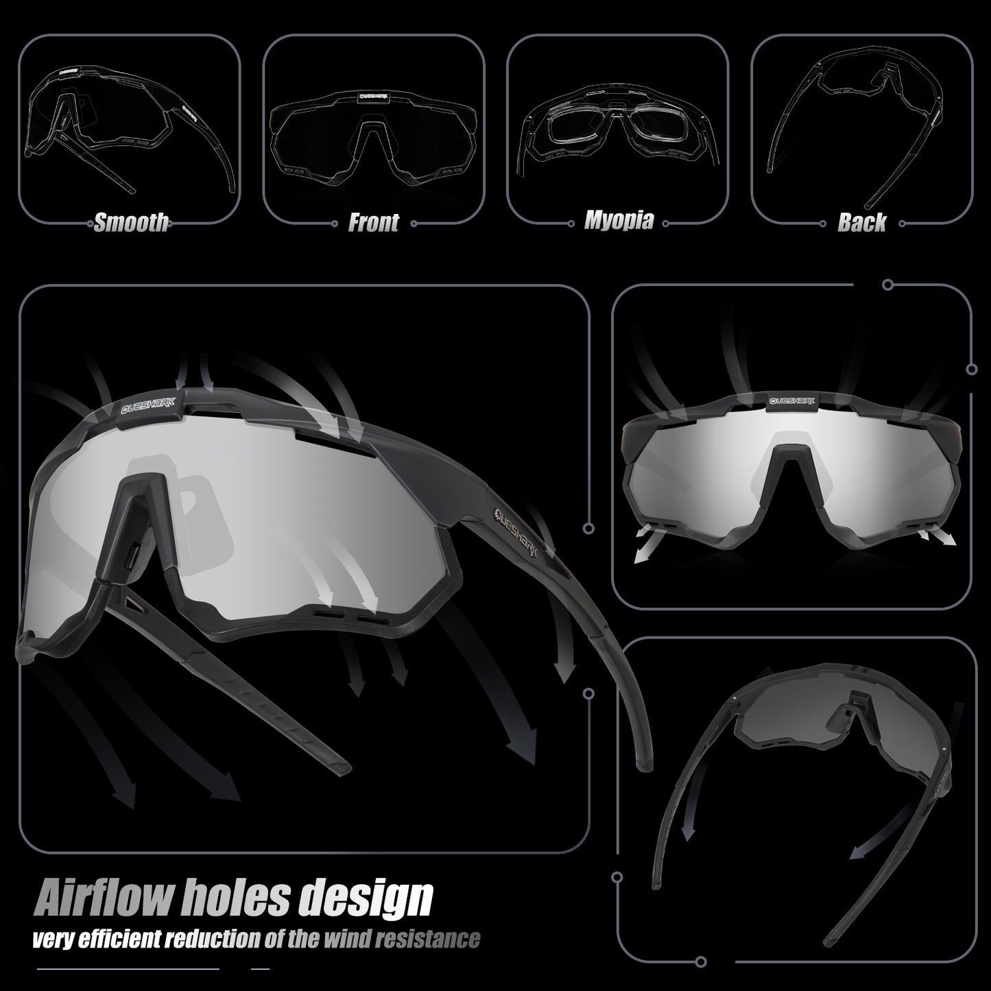 QE52 Black Polarized Cycling Glasses Men Women Sport Sunglasses with Replaceable Frame/Lens