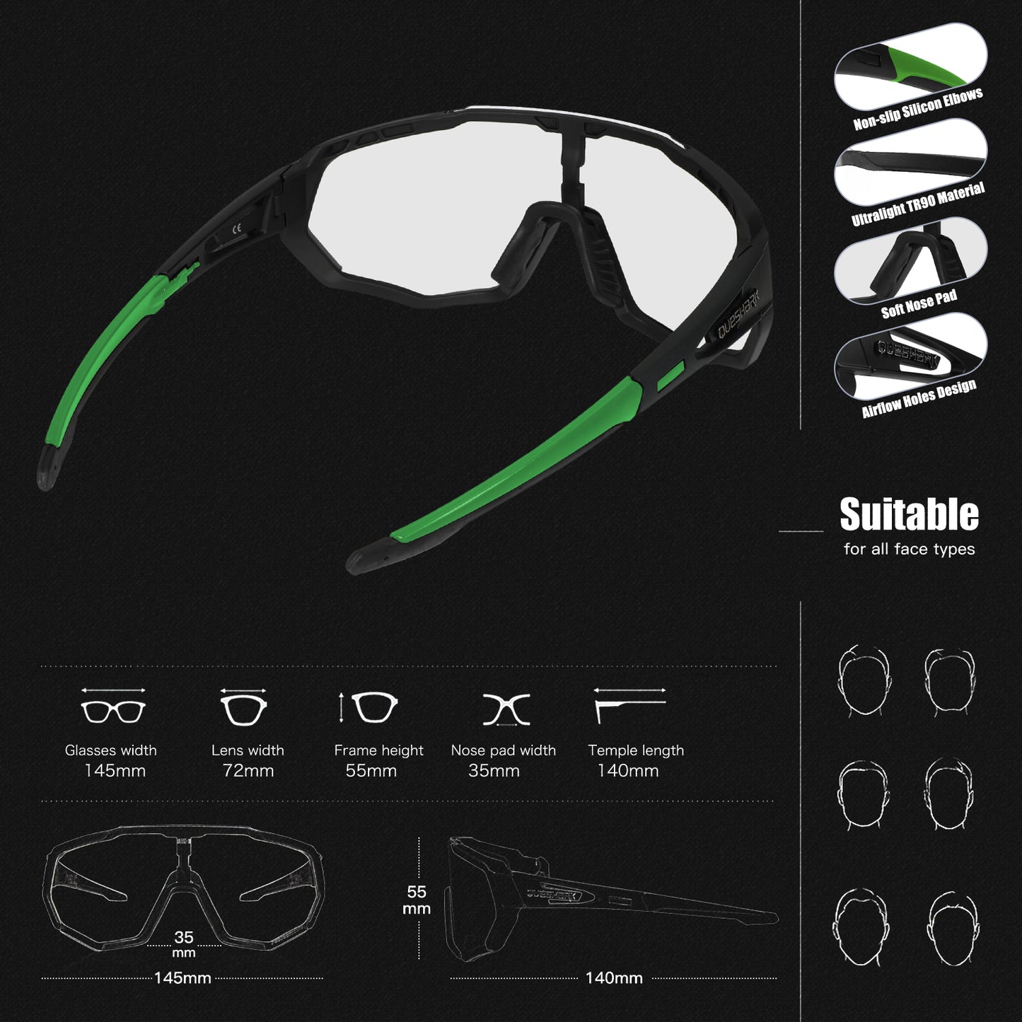 QE48 BS Queshark Óculos de Sol Fotocromáticos para Homens Mulheres Óculos de Segurança para Ciclismo Proteção UV Esporte ao Ar Livre MTB Preto Verde