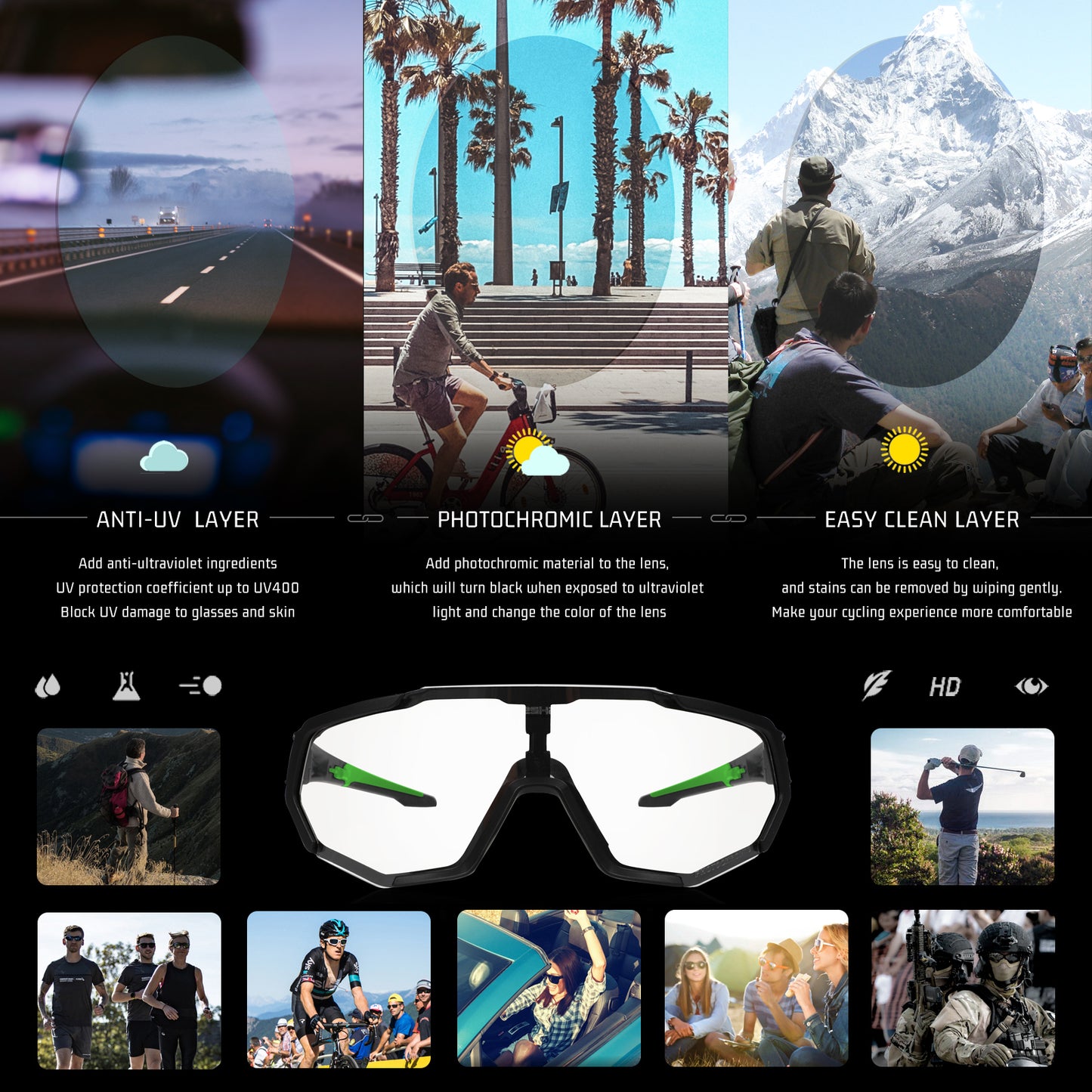 QE48 BS Queshark Óculos de Sol Fotocromáticos para Homens Mulheres Óculos de Segurança para Ciclismo Proteção UV Esporte ao Ar Livre MTB Preto Verde