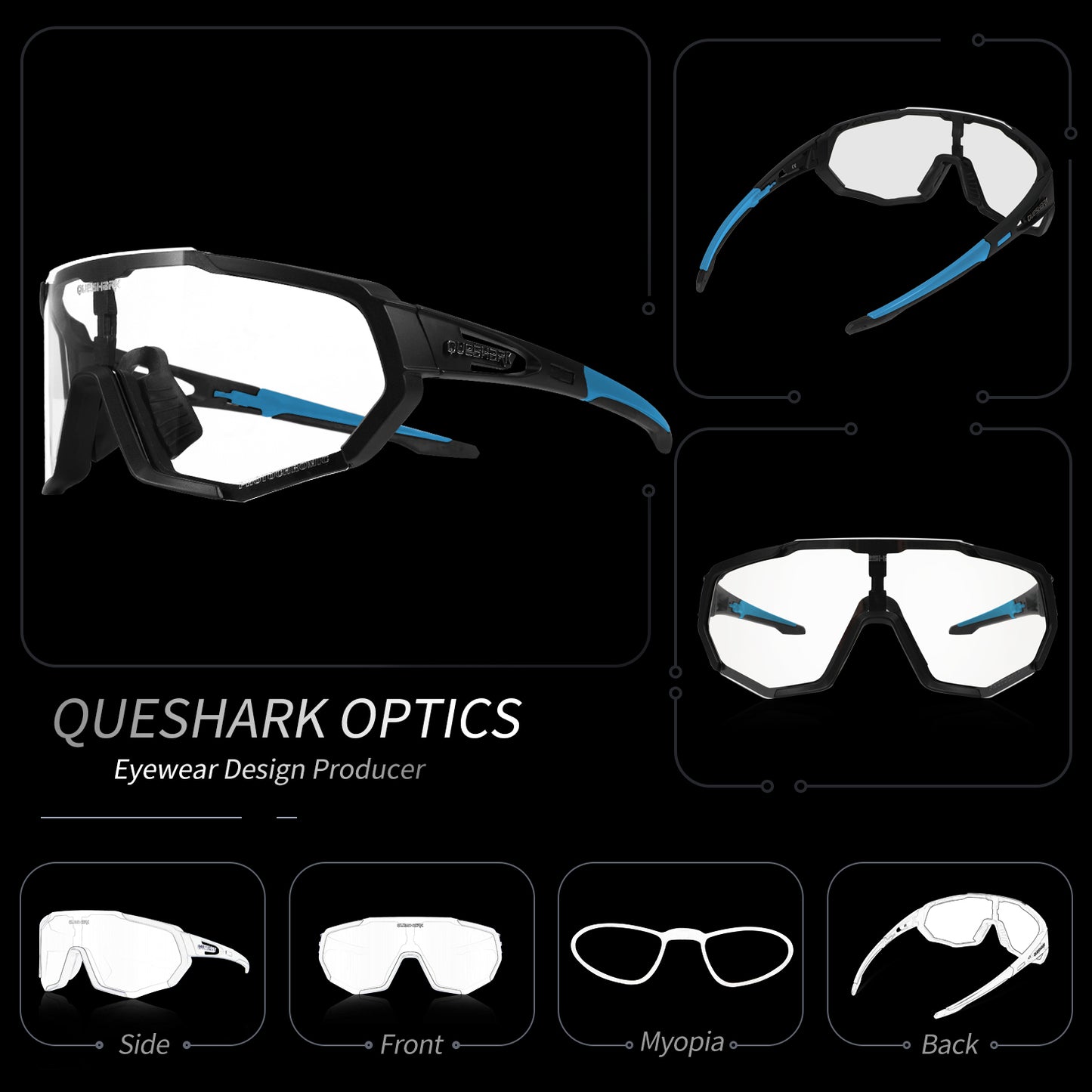 QE48 BS Queshark Photochromic Sunglasses for Men Women Safety Cycling Glasses UV Protection Outdoor Sport MTB Black Blue