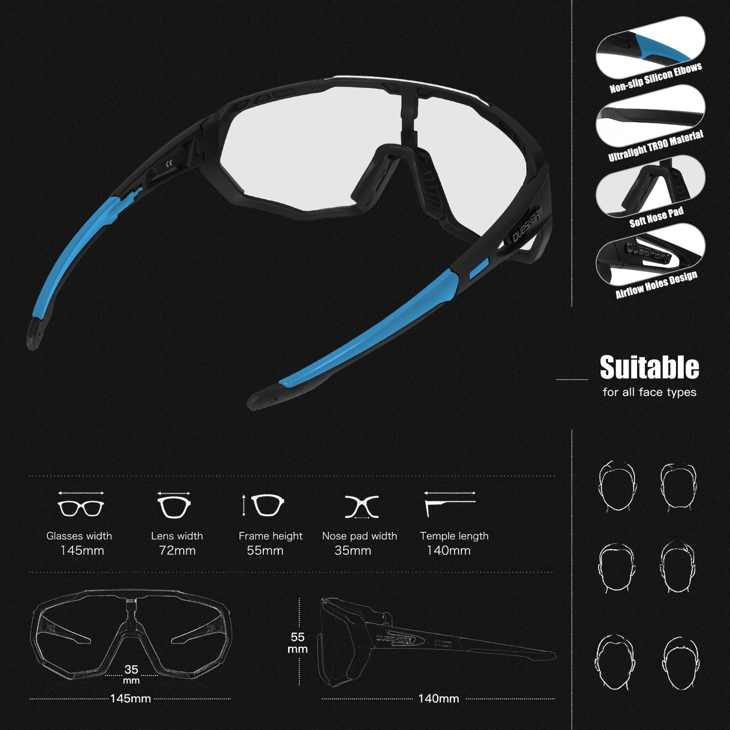 QE48 BS Queshark Photochromic Sunglasses for Men Women Safety Cycling Glasses UV Protection Outdoor Sport MTB Black Blue