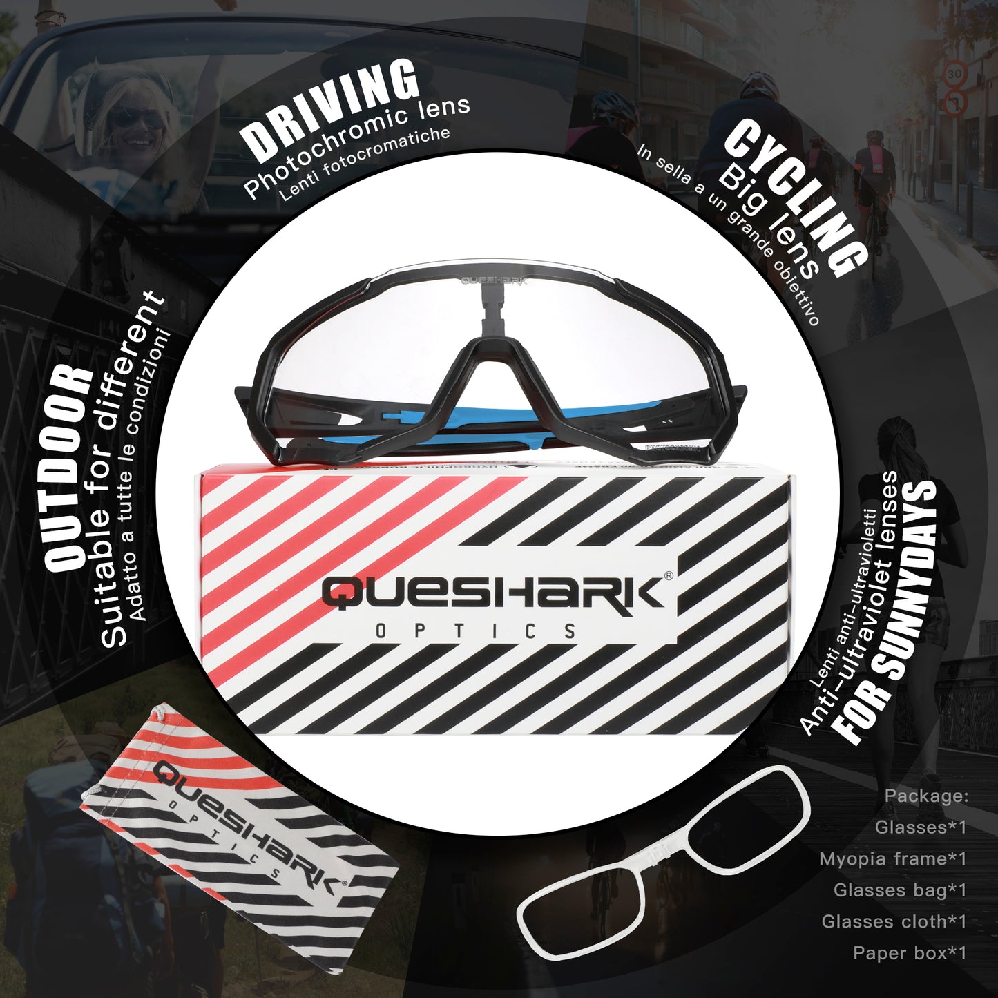 QE48 BS Queshark Photochromic Sunglasses for Men Women Safety Cycling Glasses UV Protection Outdoor Sport MTB Black Blue