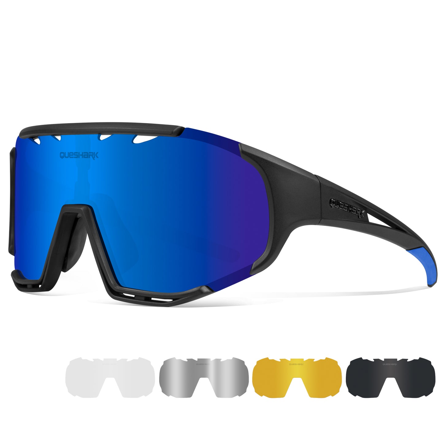 <transcy>Óculos de sol polarizados pretos azul QE55 Óculos de ciclismo masculino e feminino Óculos de direção grandes com 5 lentes</transcy>