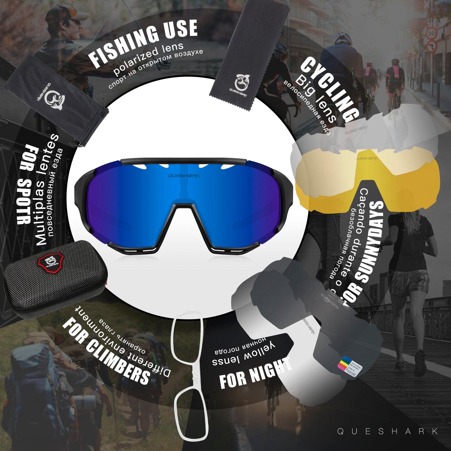 <transcy>Óculos de sol polarizados pretos azul QE55 Óculos de ciclismo masculino e feminino Óculos de direção grandes com 5 lentes</transcy>