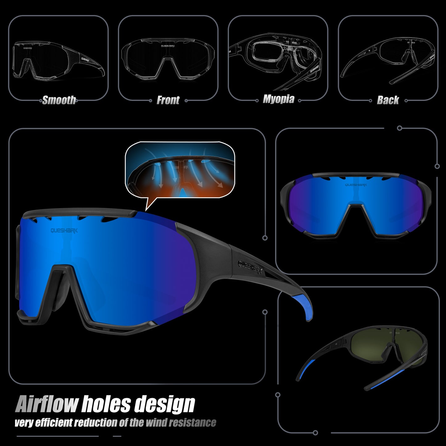 <transcy>Óculos de sol polarizados pretos azul QE55 Óculos de ciclismo masculino e feminino Óculos de direção grandes com 5 lentes</transcy>