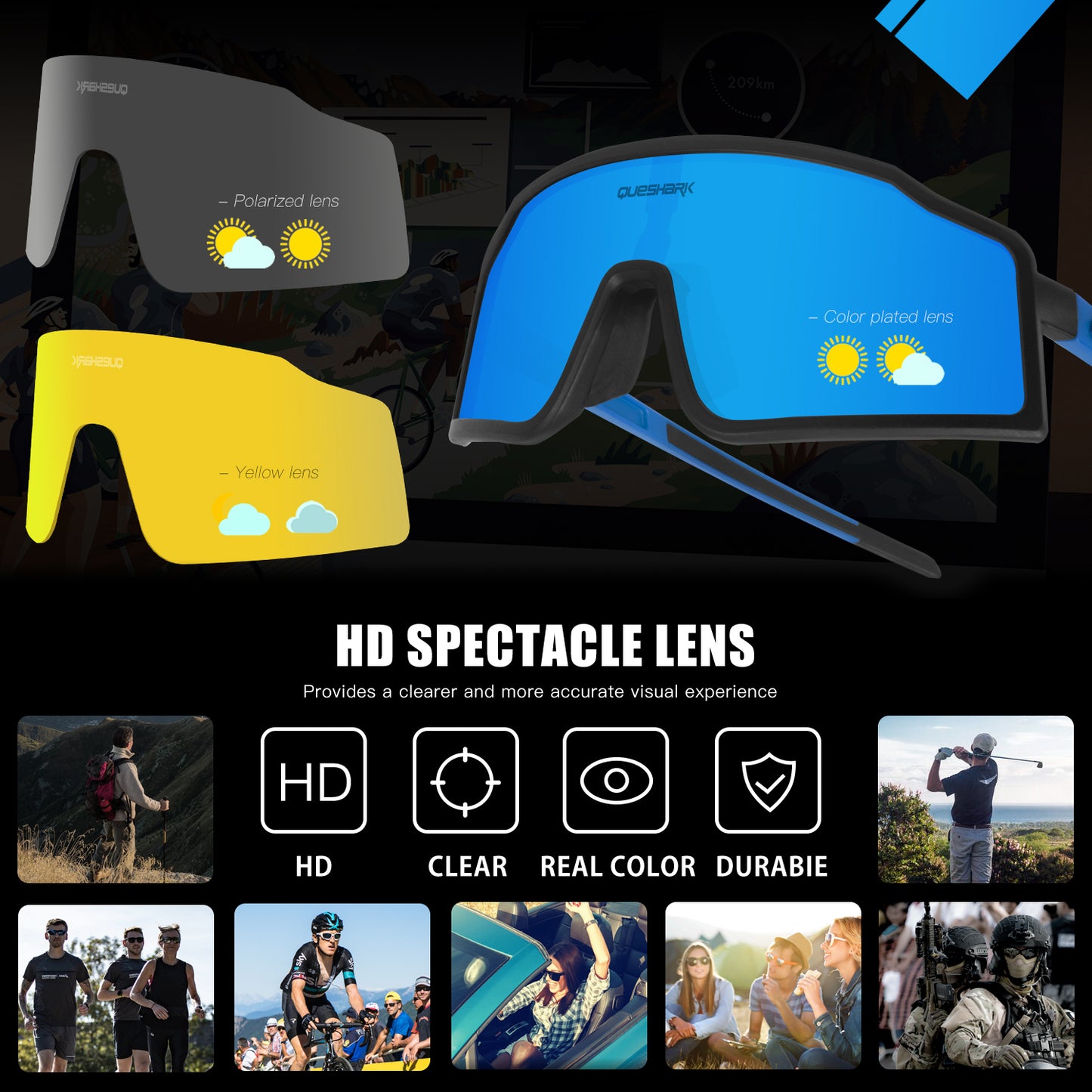 <transcy>QE54 Gafas deportivas negras y azules Gafas de sol polarizadas para bicicleta Gafas de ciclismo 3 lentes / juego</transcy>