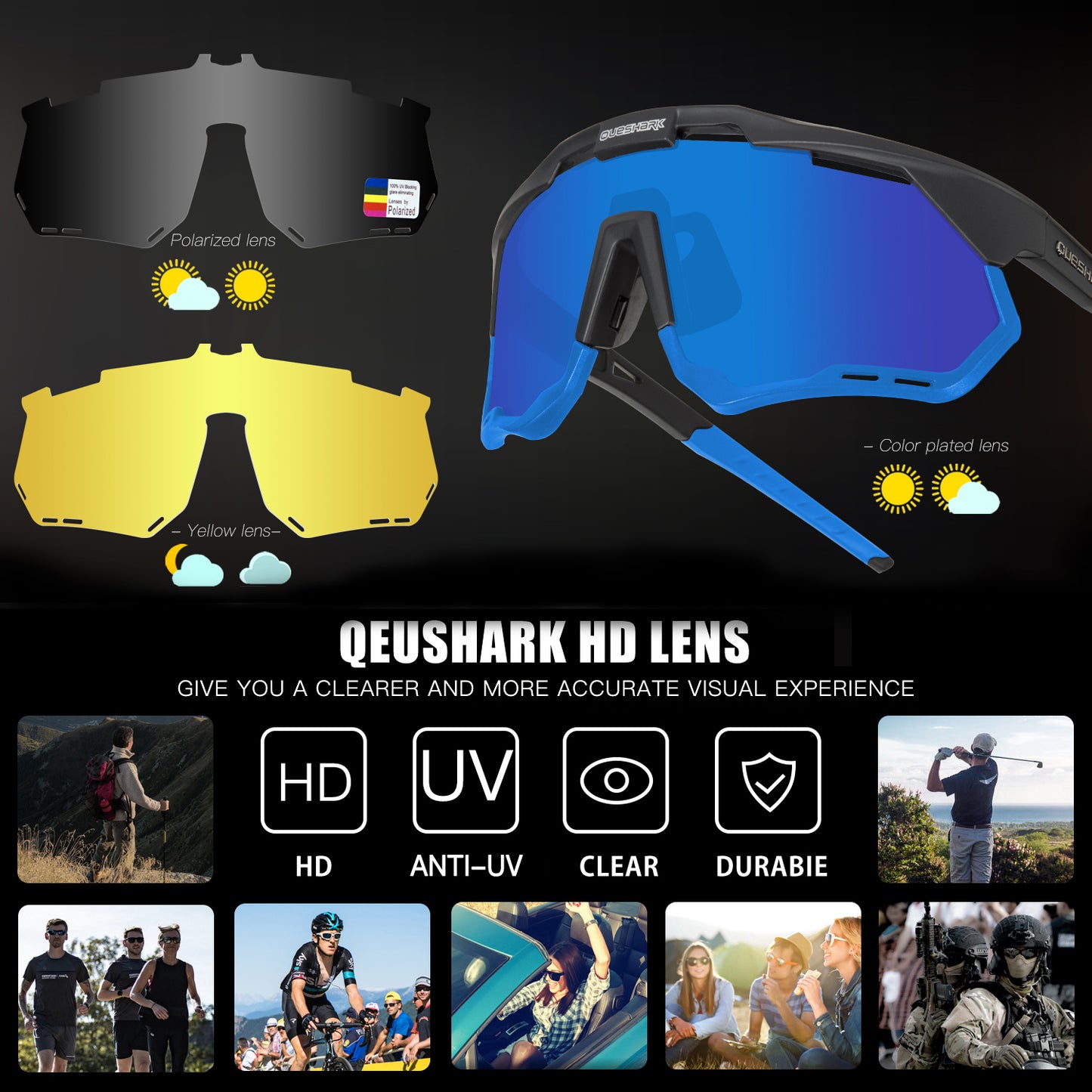 QE52 Black Blue Polarized Cycling Glasses Men Women Sport Sunglasses with Replaceable Frame/Lens