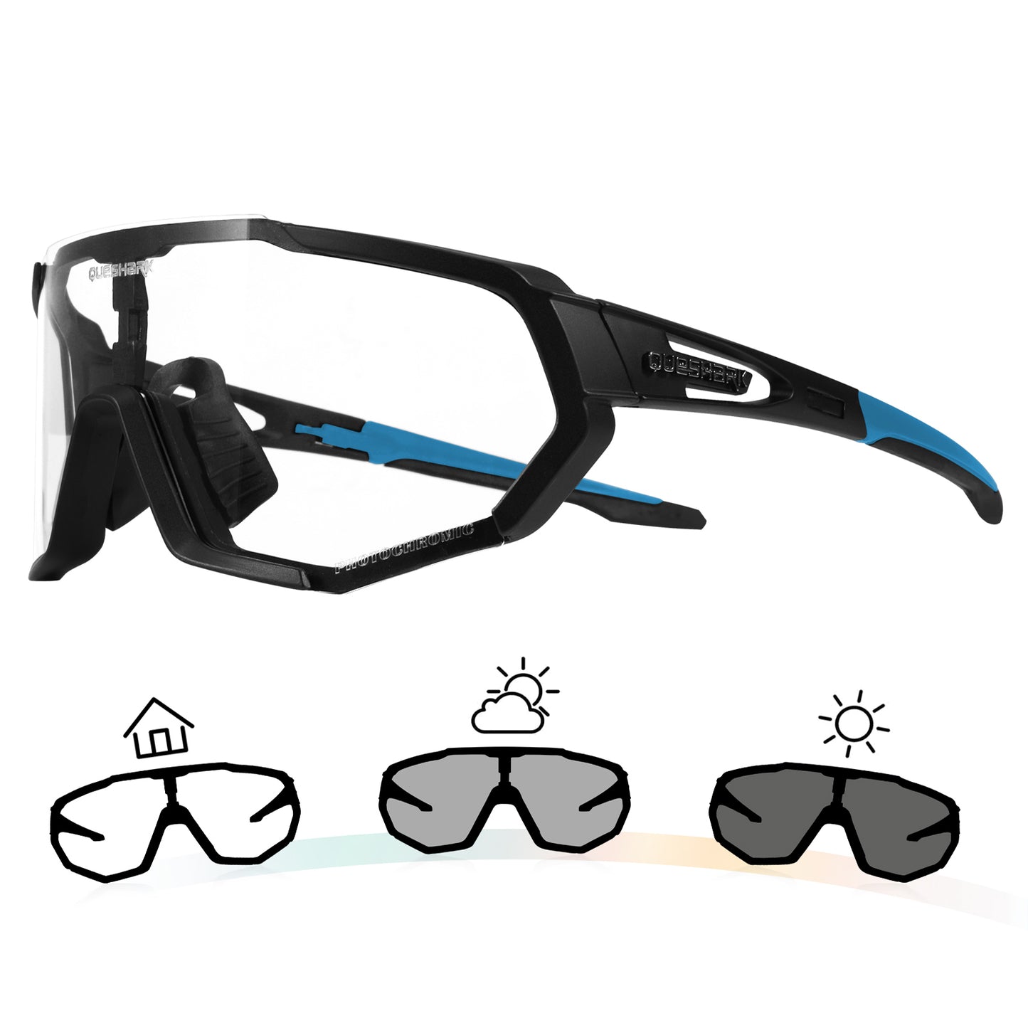 QE48 BS Queshark Photochromic Sunglasses for Men Women Safety Cycling Glasses UV Protection Outdoor Sport MTB Black Blue