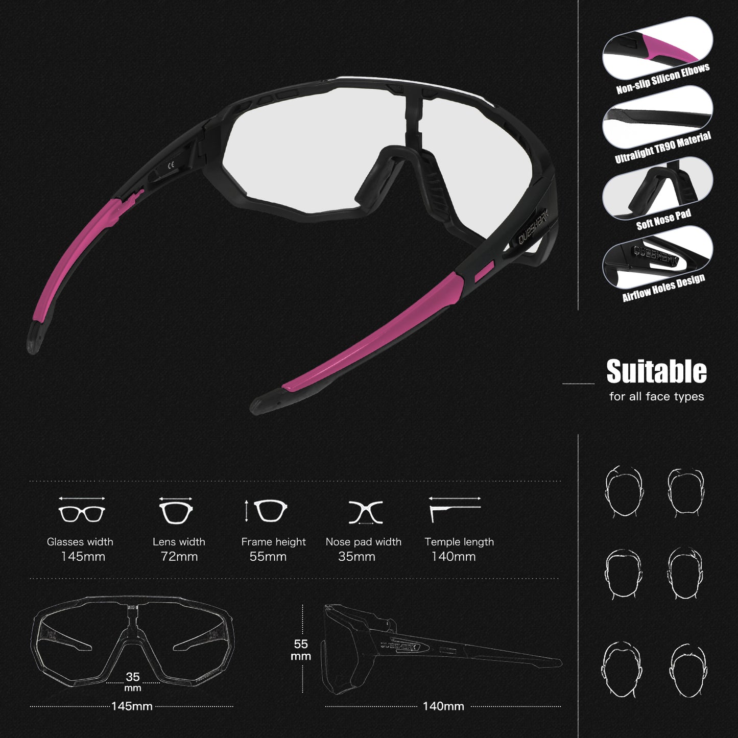QE48 BS Queshark lunettes de soleil photochromiques pour hommes femmes lunettes de cyclisme de sécurité Protection UV sport de plein air vtt noir rose