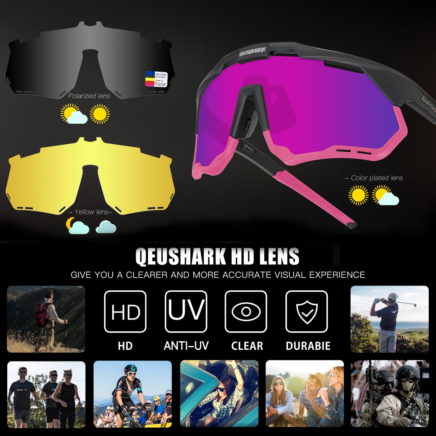 QE52 Black Pink Polarized Cycling Glasses Men Women Sport Sunglasses with Replaceable Frame/Lens
