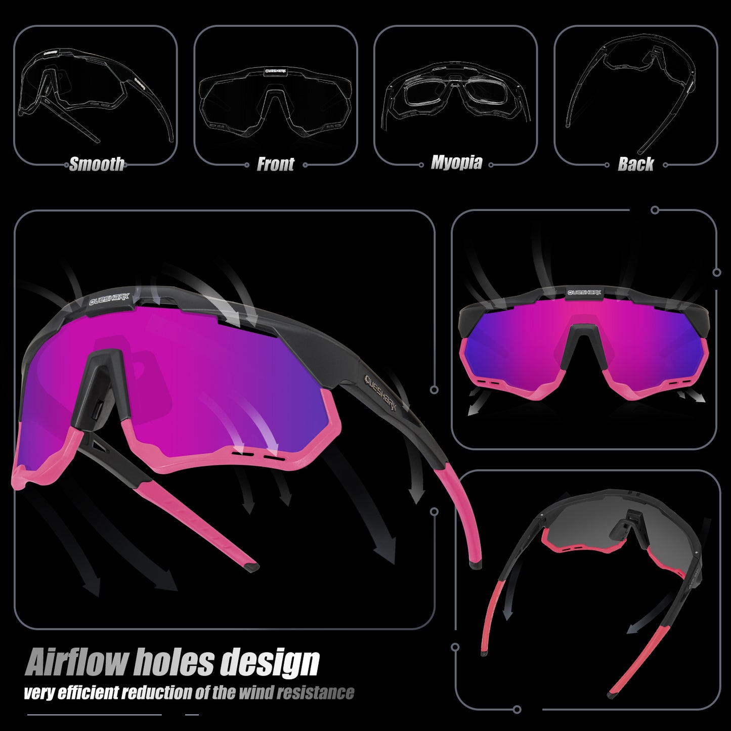 QE52 Black Pink Polarized Cycling Glasses Men Women Sport Sunglasses with Replaceable Frame/Lens