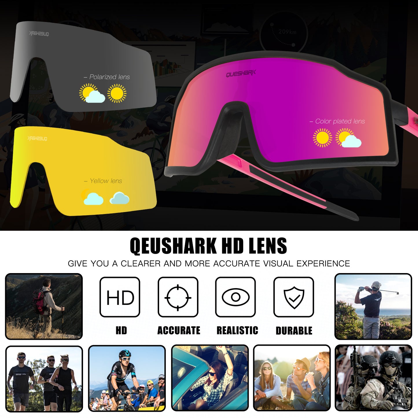 <transcy>QE54 Óculos esportivos pretos rosa óculos polarizados de bicicleta Óculos de ciclismo 3 lentes / conjunto</transcy>