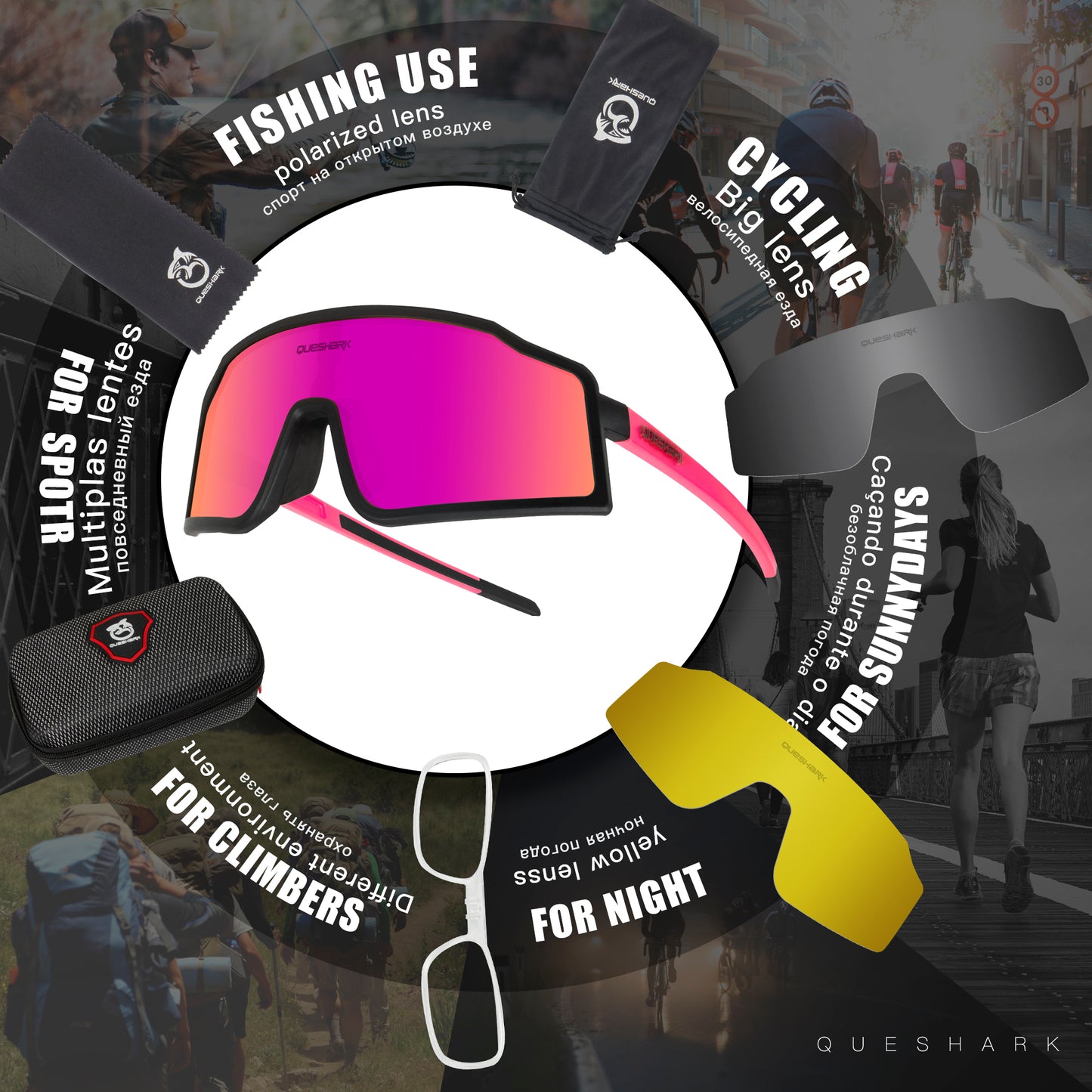 <transcy>QE54 Óculos esportivos pretos rosa óculos polarizados de bicicleta Óculos de ciclismo 3 lentes / conjunto</transcy>
