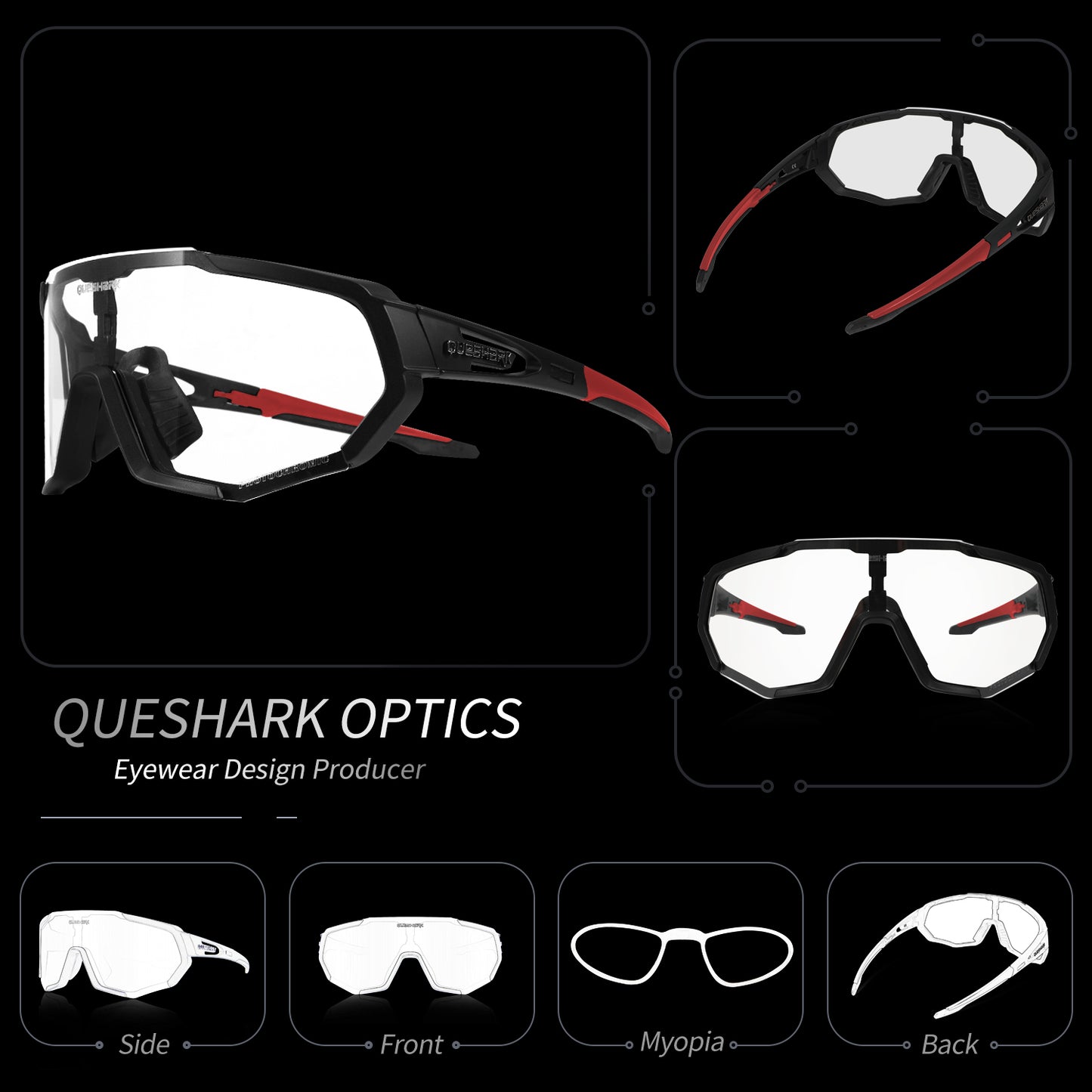 QE48 BS Queshark Photochromic Sunglasses for Men Women Safety Cycling Glasses UV Protection Outdoor Sport MTB Black Red