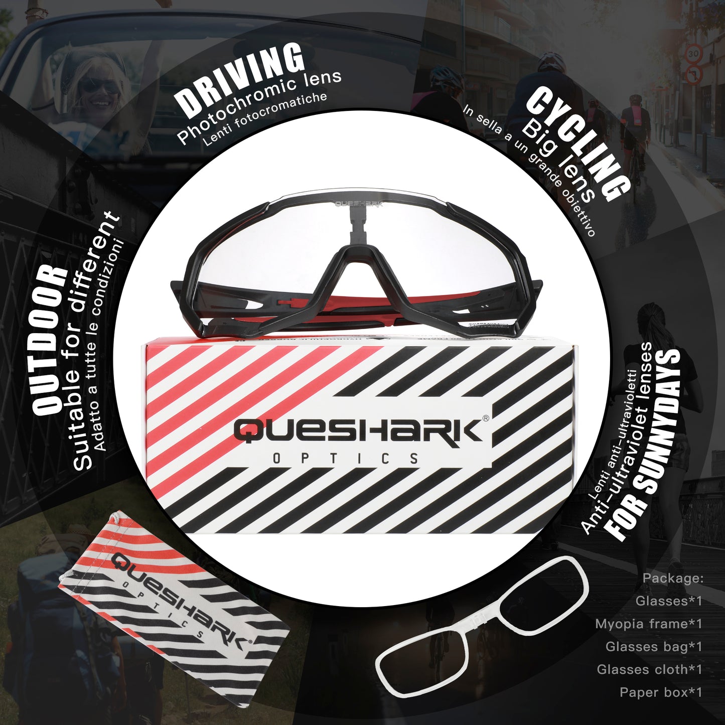 QE48 BS Queshark Photochromic Sunglasses for Men Women Safety Cycling Glasses UV Protection Outdoor Sport MTB Black Red