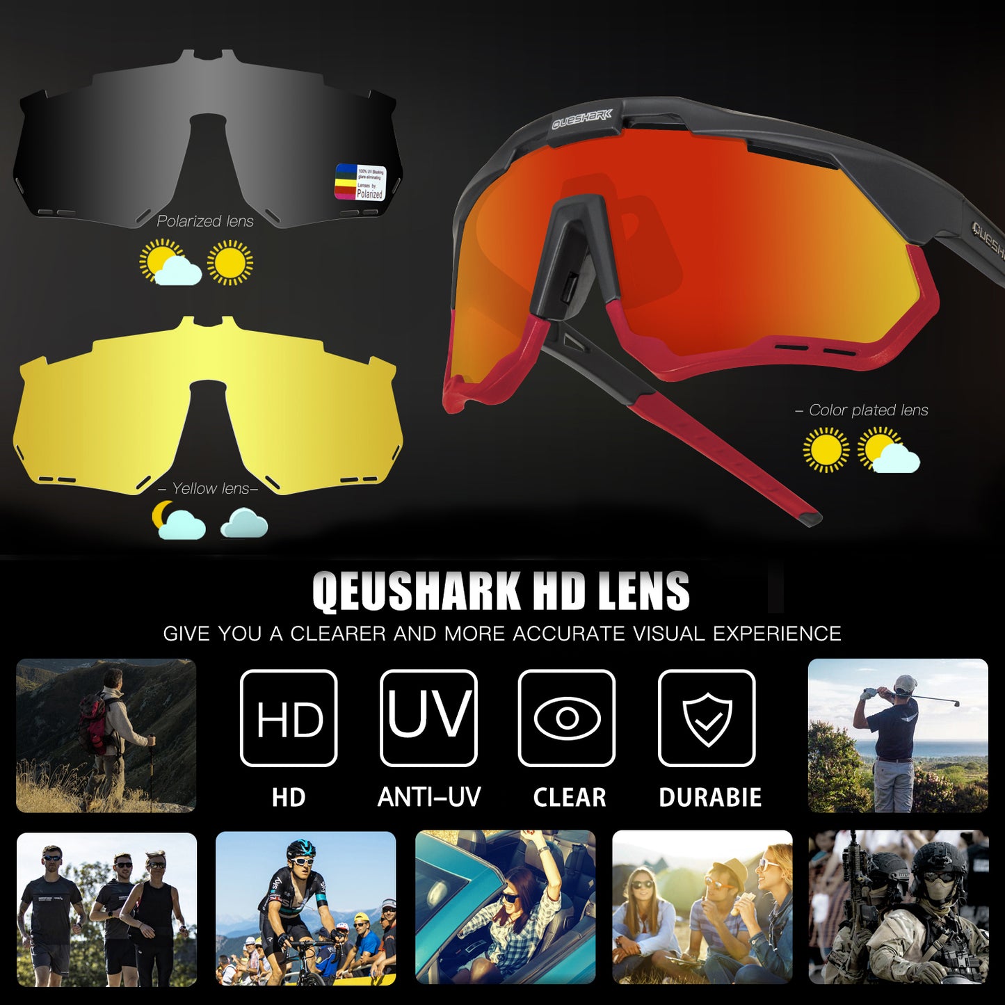 QE52 Black Red Polarized Cycling Glasses Men Women Sport Sunglasses with Replaceable Frame/Lens
