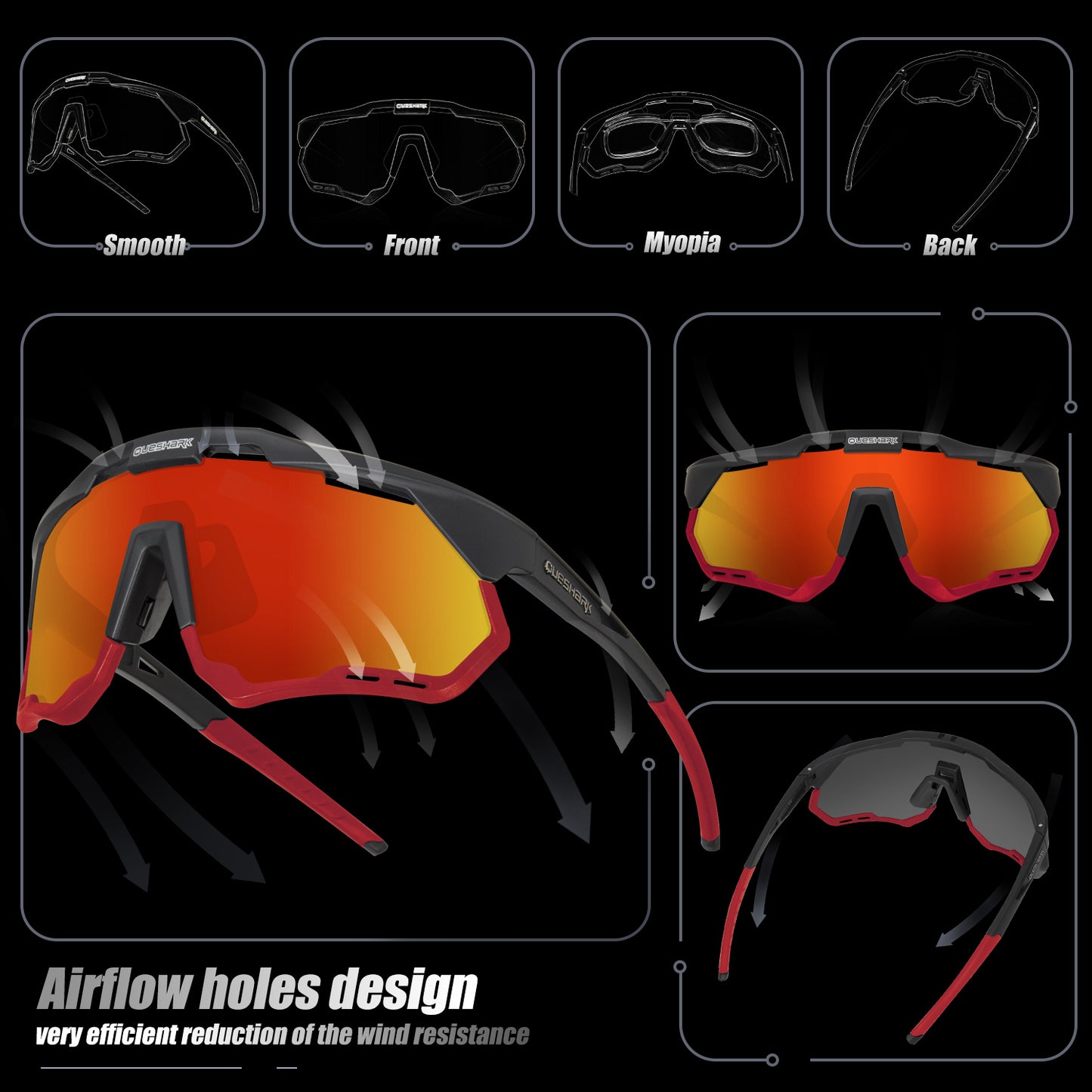 QE52 Black Red Polarized Cycling Glasses Men Women Sport Sunglasses with Replaceable Frame/Lens