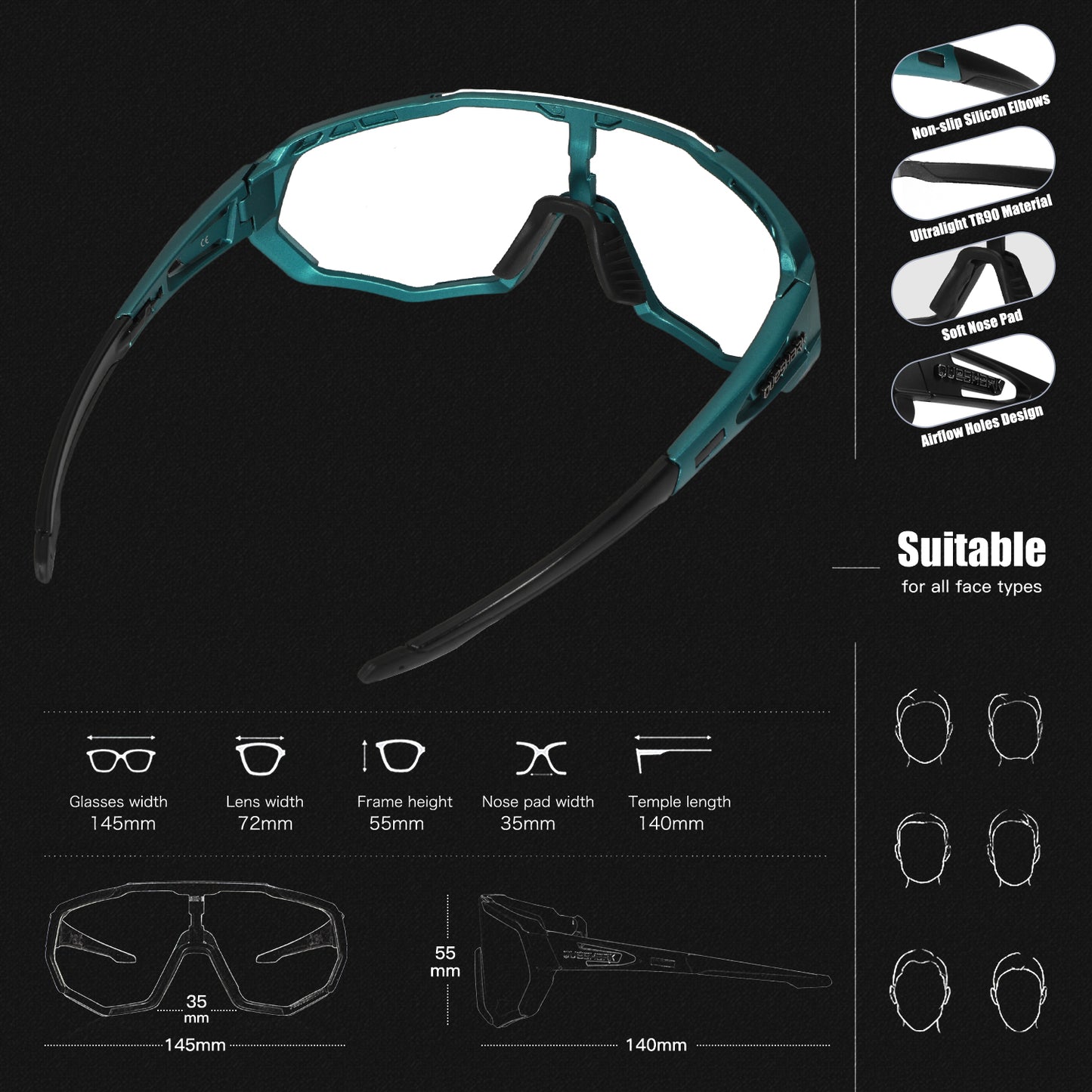 QE48 BS Queshark Gafas de sol fotocromáticas para hombres Mujeres Gafas de seguridad para ciclismo Protección UV Deporte al aire libre MTB DDL