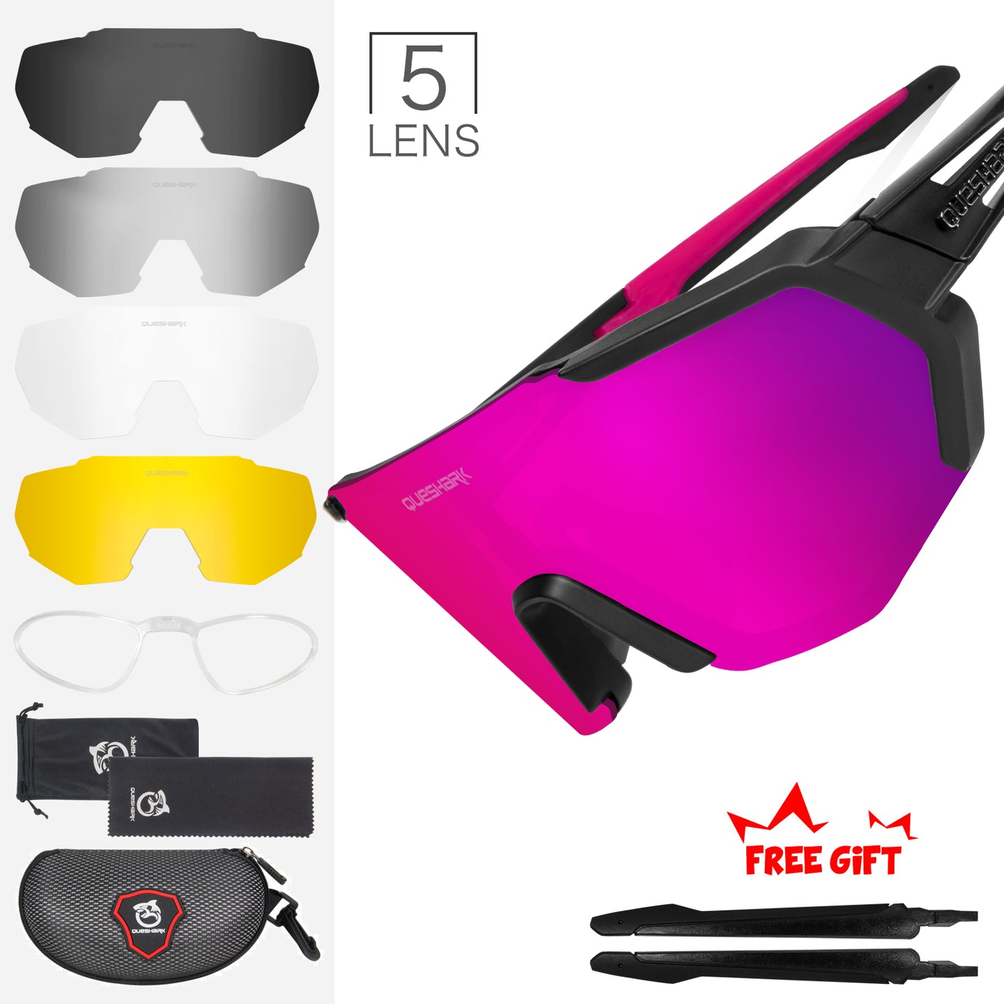 QE42 Black Pink UV400 Polarized Cycling Eyewear Bike Glasses Bicycle Sunglasses 5 Lens/Set