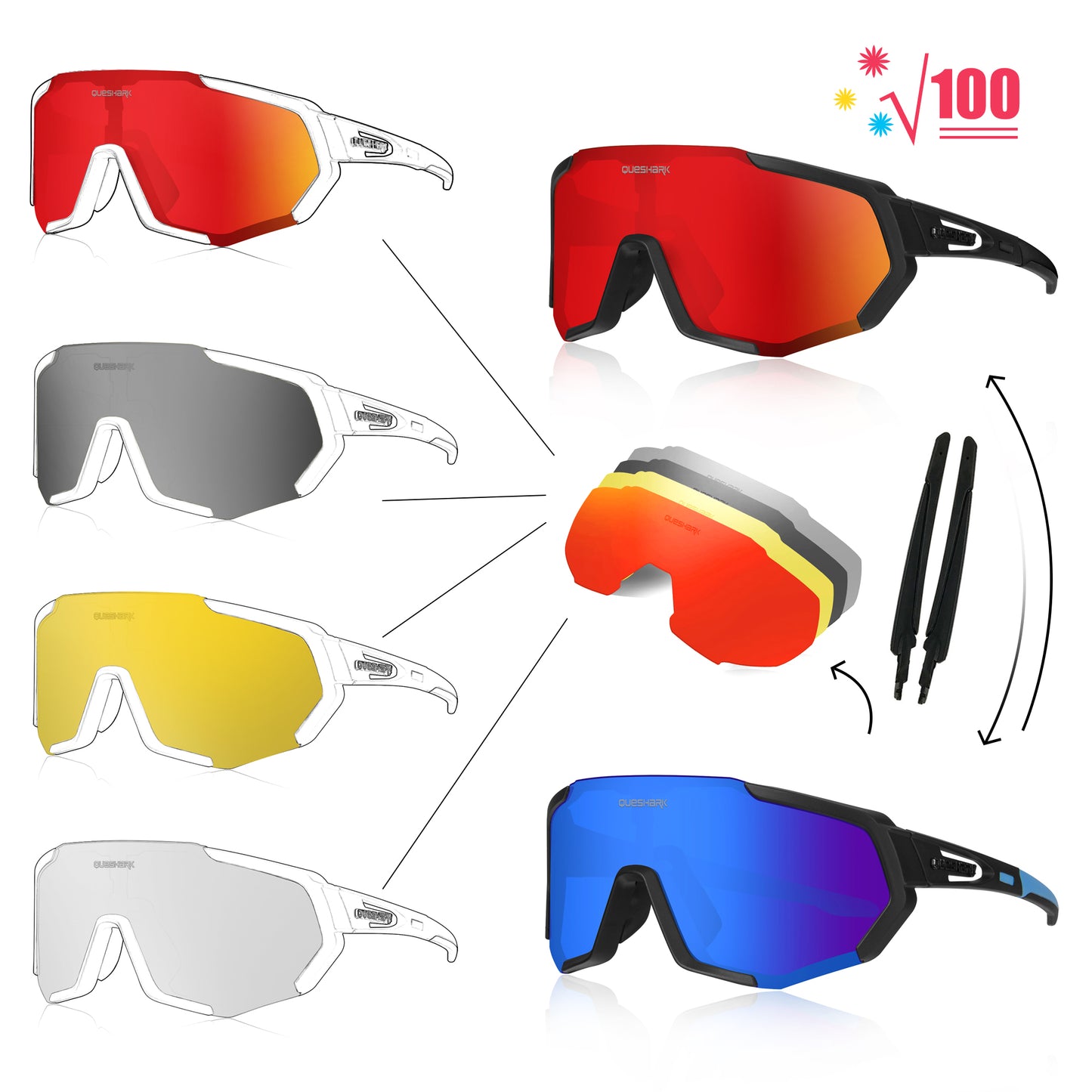 <transcy>Óculos de sol polarizados para bicicleta QE48 preto azul óculos de proteção para ciclismo óculos UV400 5 lentes / conjunto</transcy>