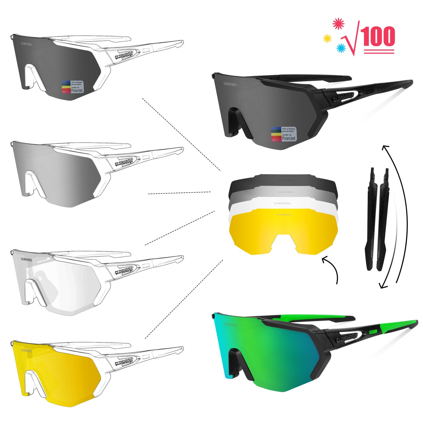 QE42 Black Green UV400 Polarized Cycling Eyewear Bike Glasses Bicycle Sunglasses 5 Lens/Set