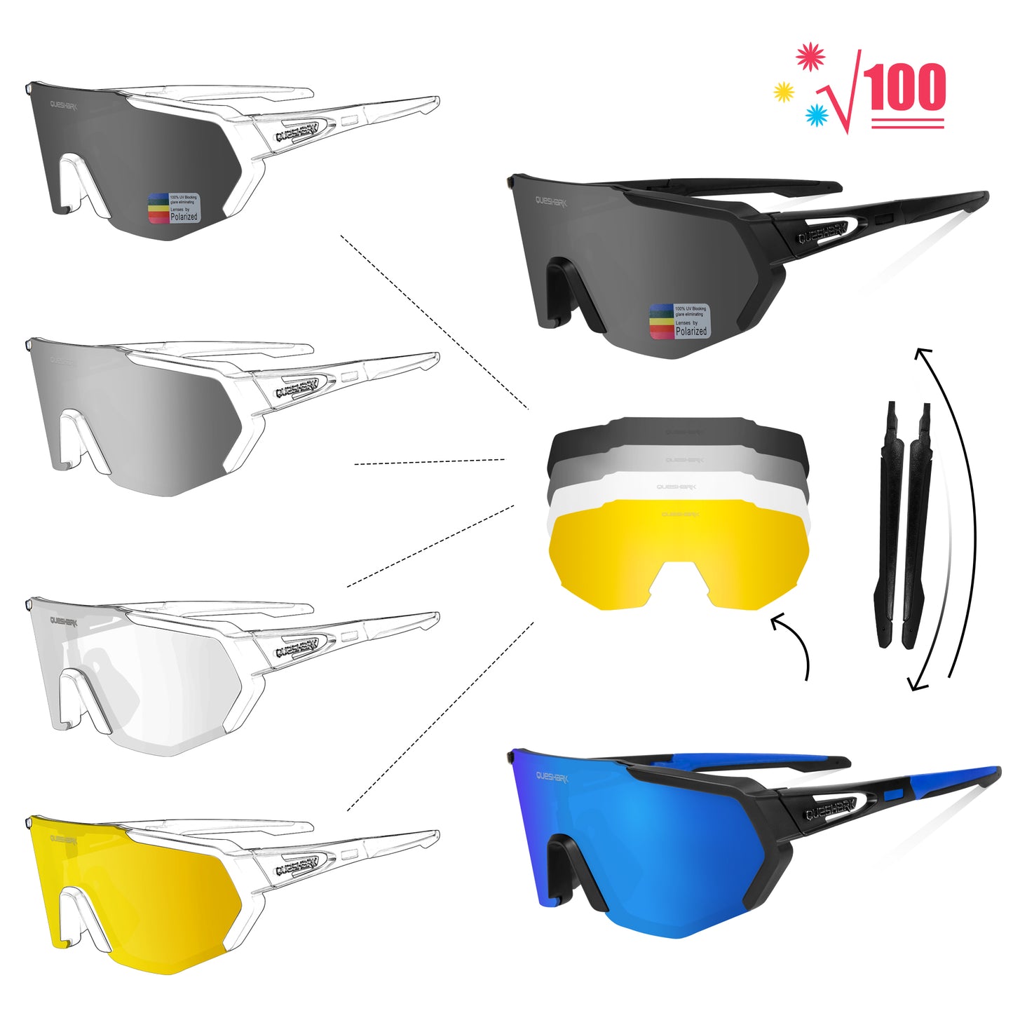 QE42 Black Blue UV400 Polarized Cycling Eyewear Bike Glasses Bicycle Sunglasses 5 Lens/Set