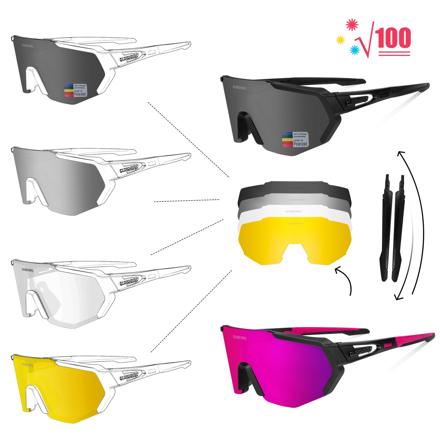 QE42 Black Pink UV400 Polarized Cycling Eyewear Bike Glasses Bicycle Sunglasses 5 Lens/Set