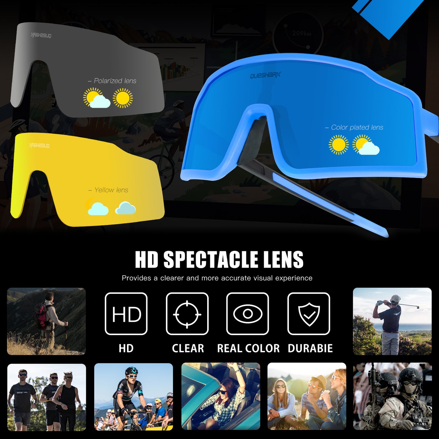 QE54 Blue Sports Glasses Polarized Bicycle Sunglasses Cycling Eyewear 3 Lens/Set