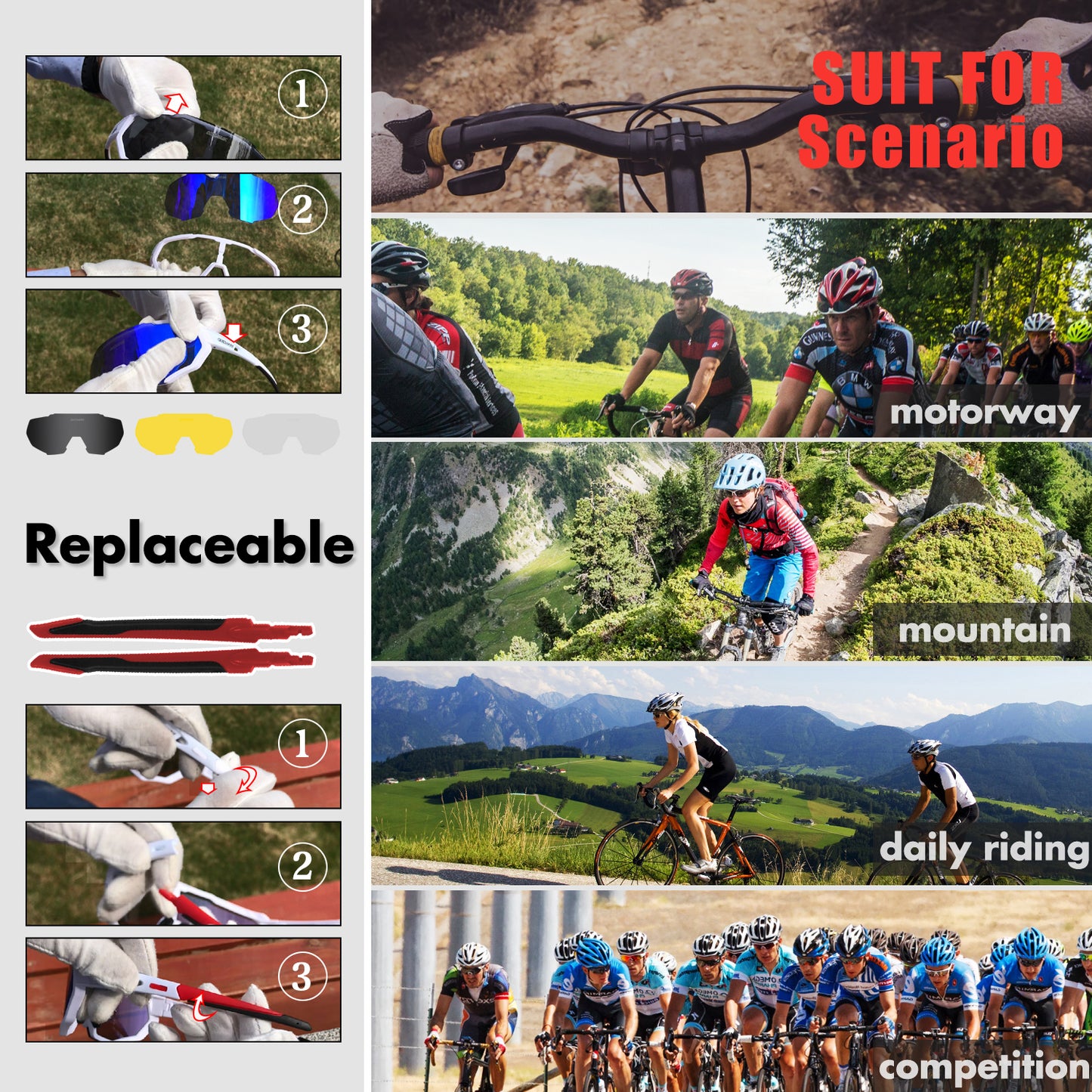 QE44 Red Polarized Cycling Sunglasses UV400 Bike Glasses Sport Eyewear for Men Women 4 Lens