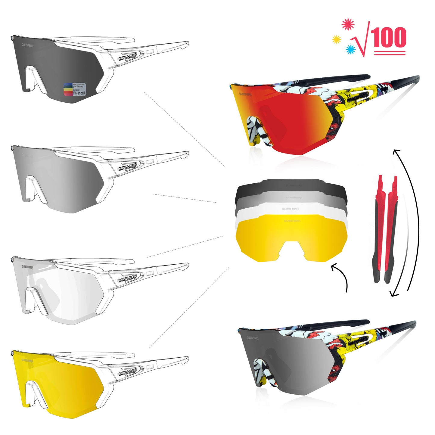 <transcy>QE42 coloré UV400 lunettes de cyclisme polarisées lunettes de vélo lunettes de soleil de vélo 5 lentilles/ensemble</transcy>