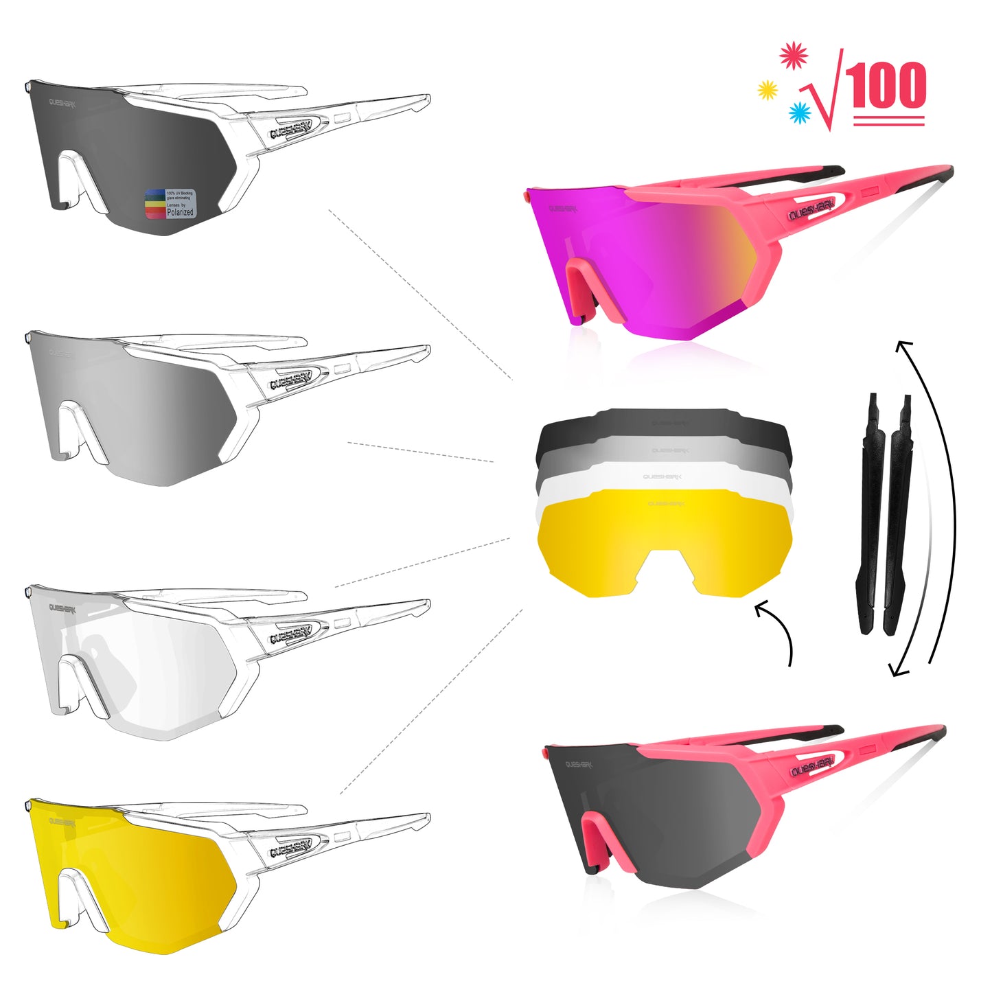QE42 Pink UV400 Polarized Cycling Eyewear Bike Glasses Bicycle Sunglasses 5 Lens/Set