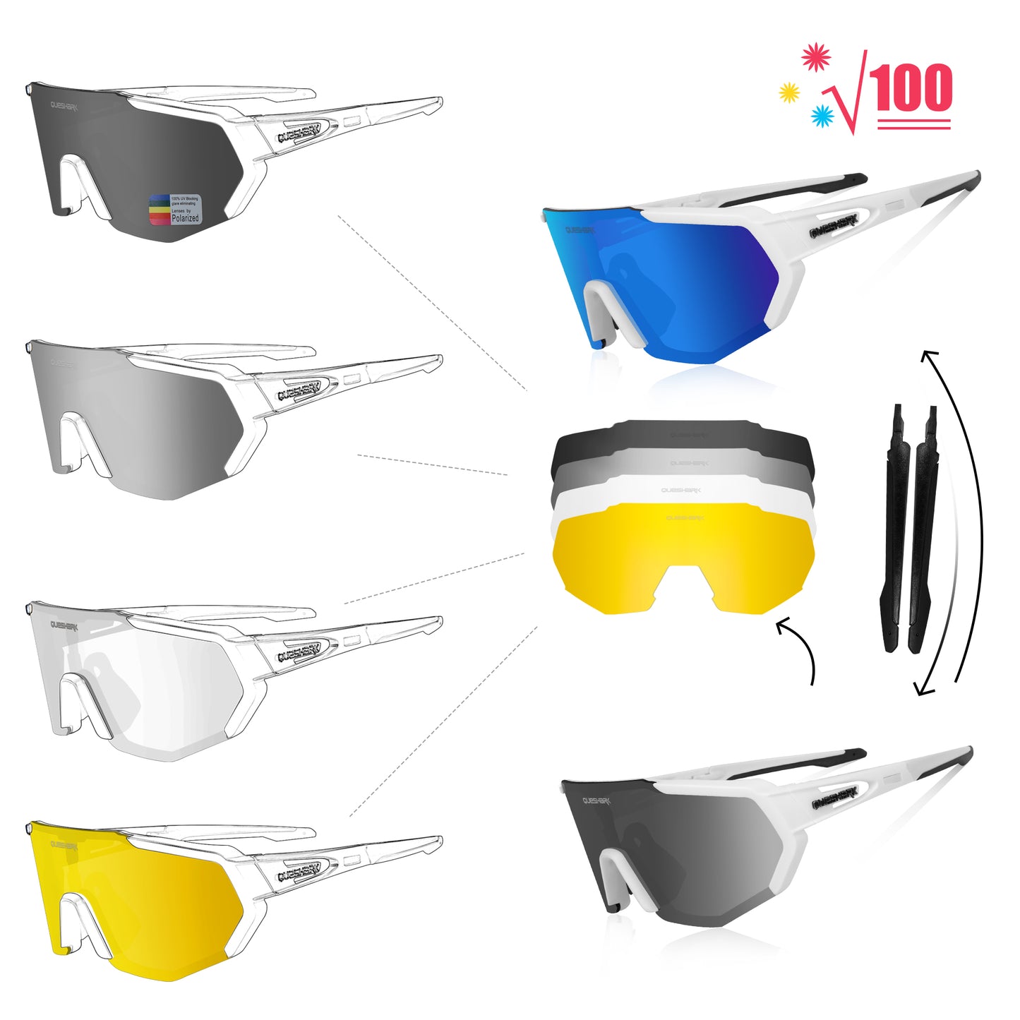 QE42 White UV400 Polarized Cycling Eyewear Bike Glasses Bicycle Sunglasses 5 Lens/Set
