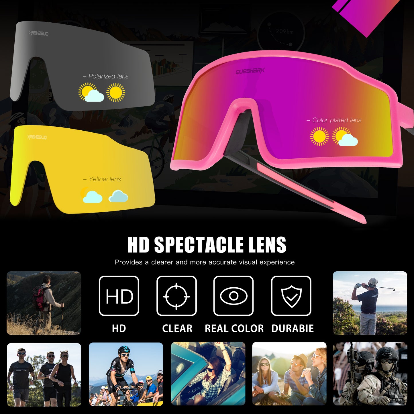 QE54 Pink Sports Glasses Polarized Bicycle Sunglasses Cycling Eyewear 3 Lens/Set