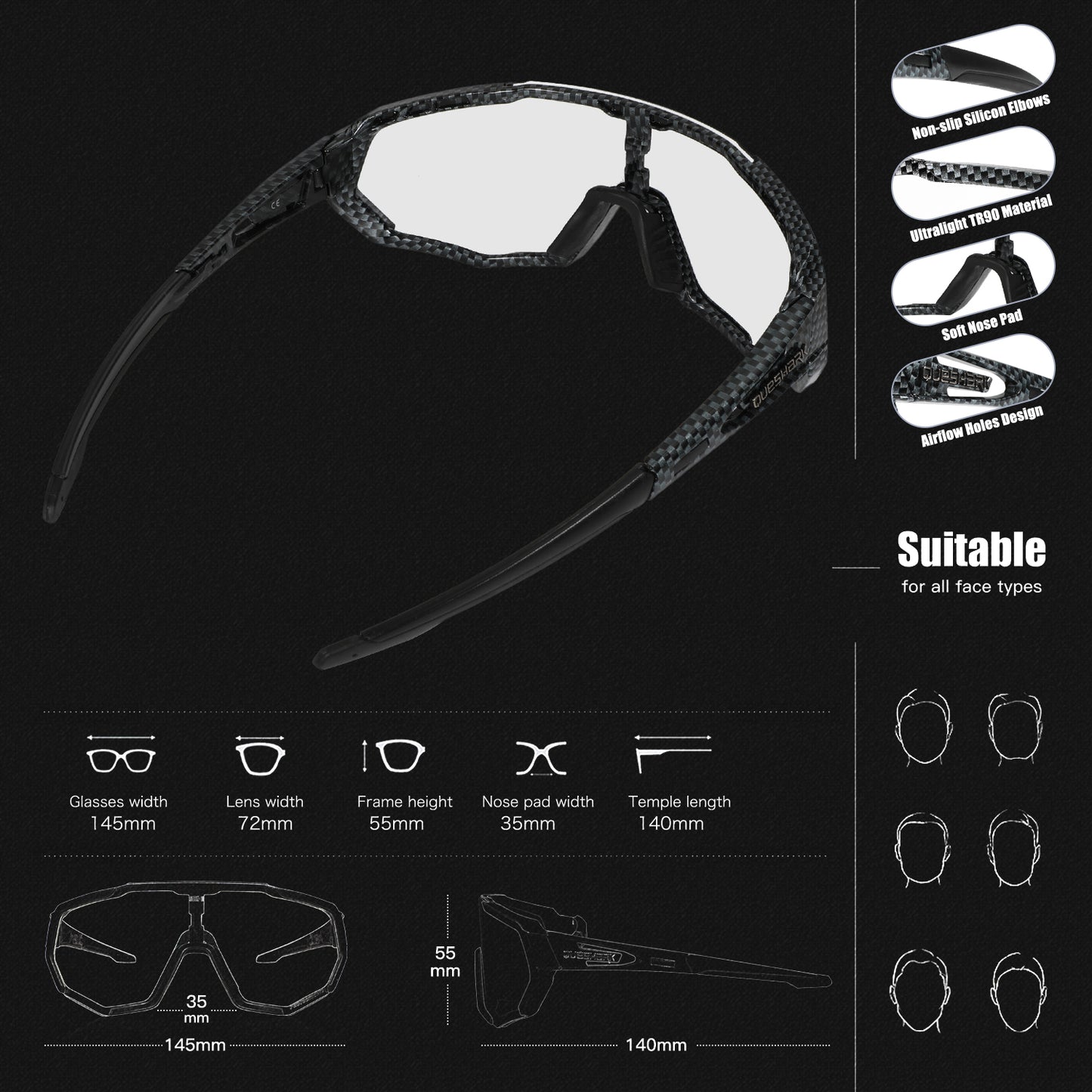 QE48 BS Queshark Photochromic Sunglasses for Men Women Safety Cycling Glasses UV Protection Outdoor Sport MTB TXW