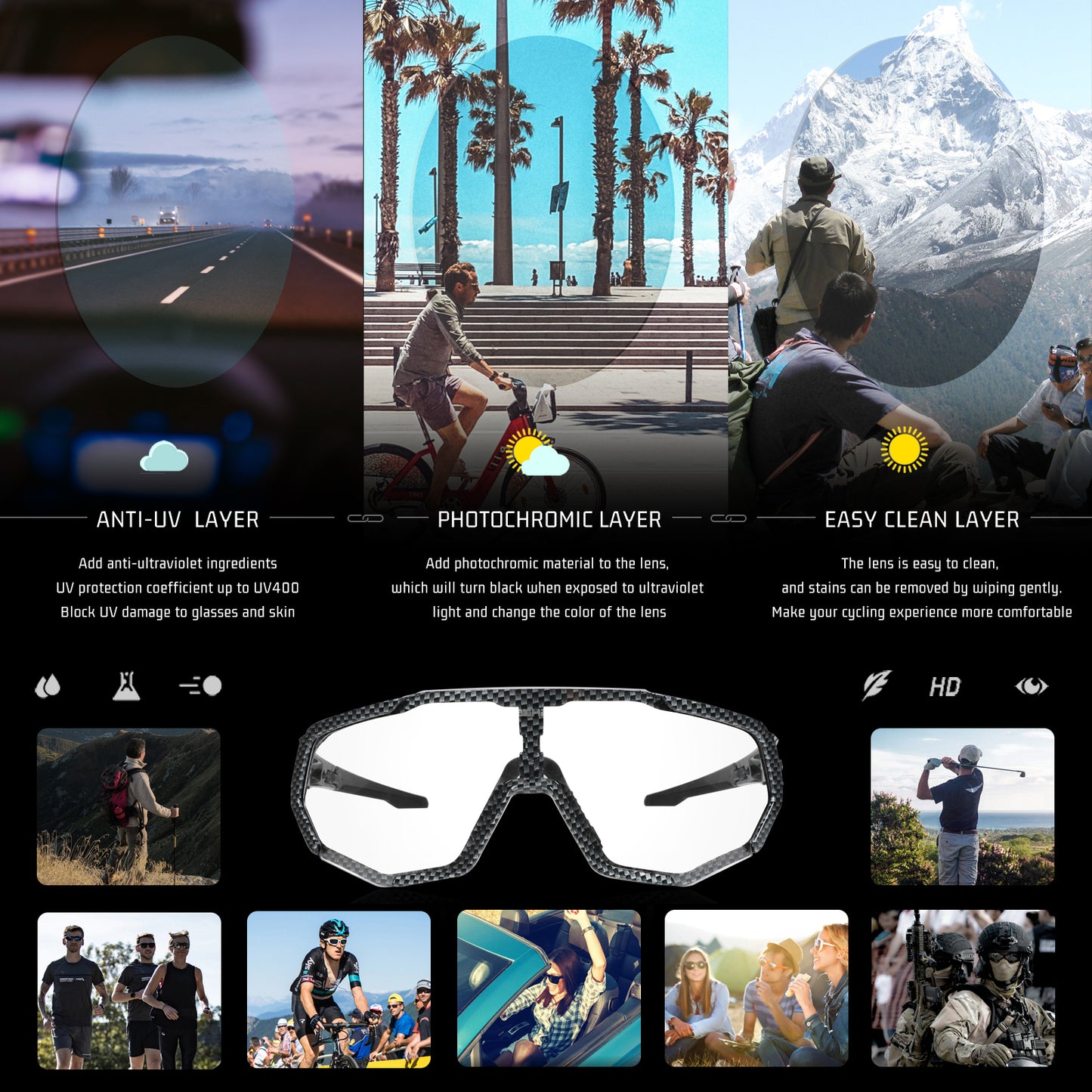 QE48 BS Queshark Photochromic Sunglasses for Men Women Safety Cycling Glasses UV Protection Outdoor Sport MTB TXW