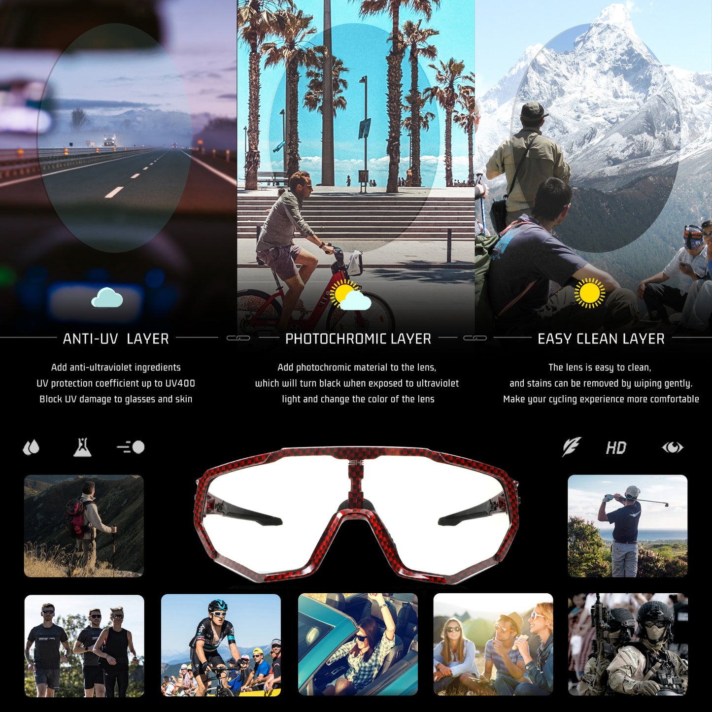 QE48 BS Queshark Gafas de sol fotocromáticas para hombres Mujeres Gafas de seguridad para ciclismo Protección UV Deporte al aire libre MTB -TXWR