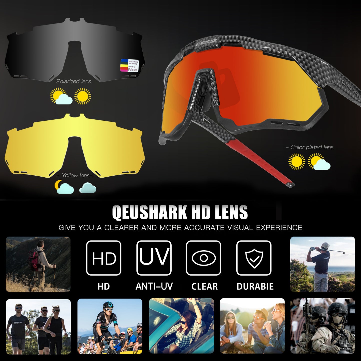 <transcy>Óculos polarizados para ciclismo de fibra de carbono QE52, homens e mulheres, óculos de sol esportivos com armação / lente substituível</transcy>