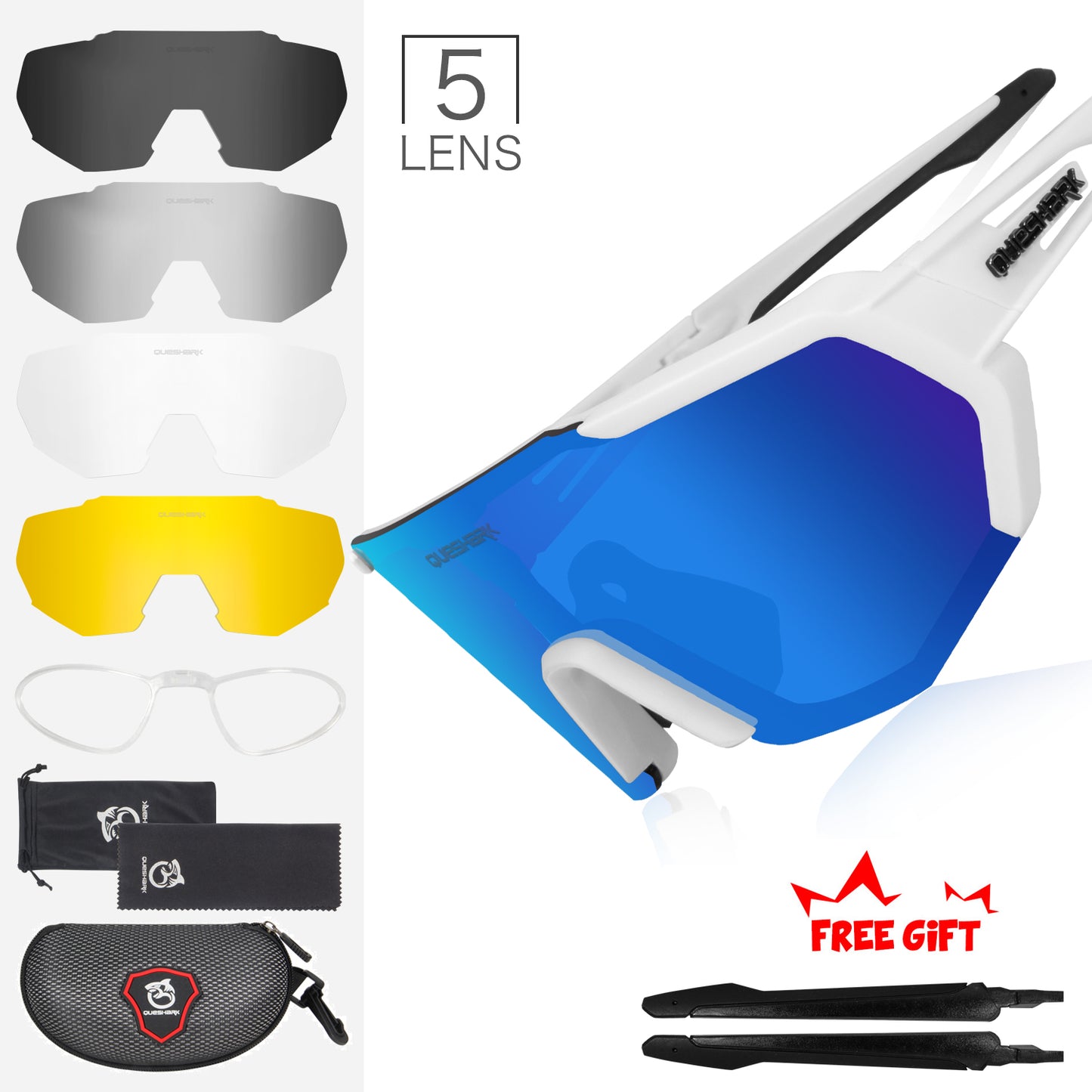 QE42 White UV400 Polarized Cycling Eyewear Bike Glasses Bicycle Sunglasses 5 Lens/Set