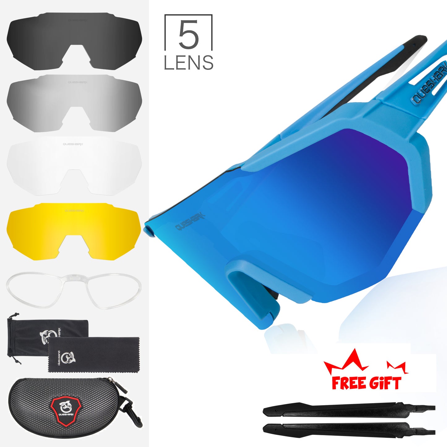 QE42 Blue UV400 Polarized Cycling Eyewear Bike Glasses Bicycle Sunglasses 5 Lens/Set