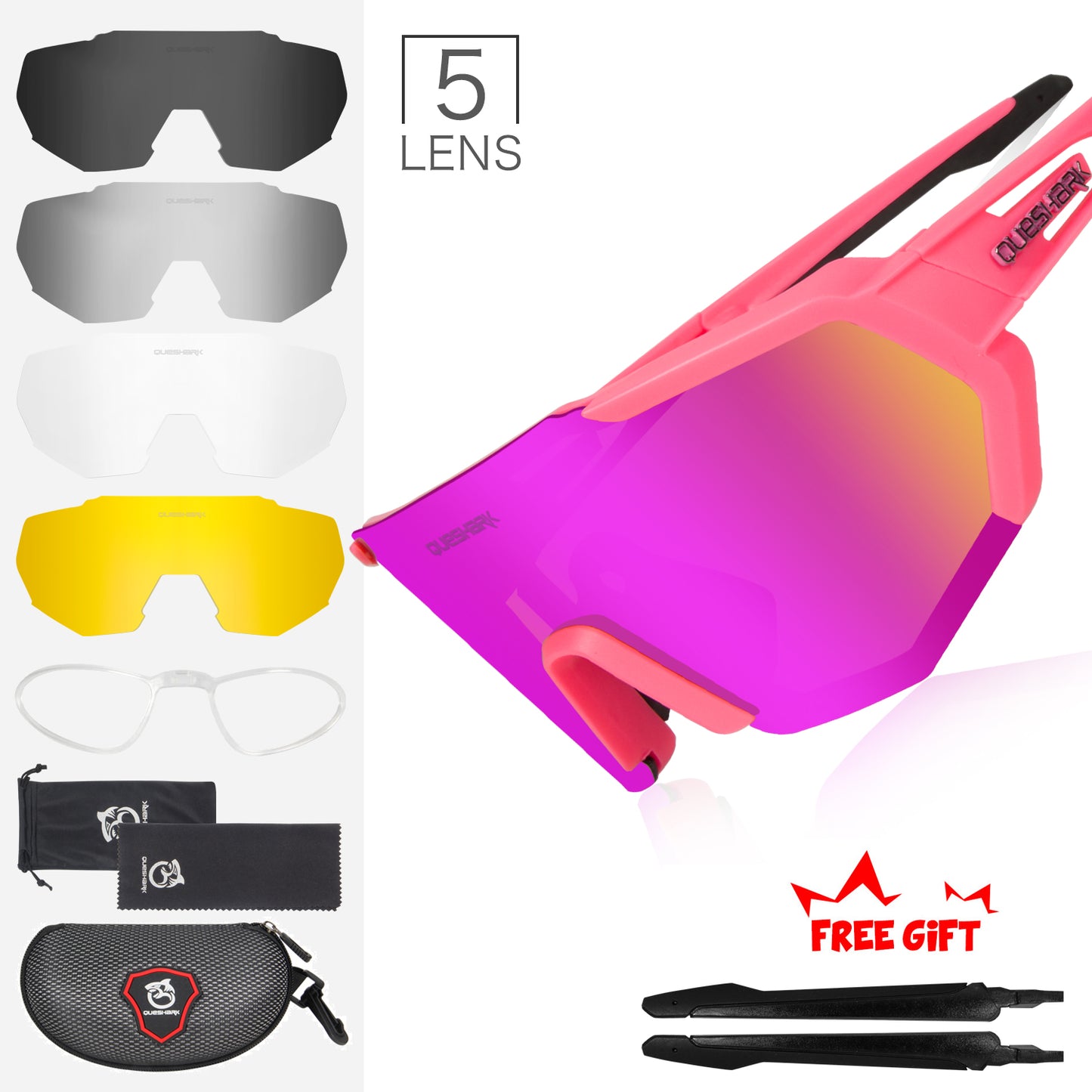 QE42 Pink UV400 Polarized Cycling Eyewear Bike Glasses Bicycle Sunglasses 5 Lens/Set