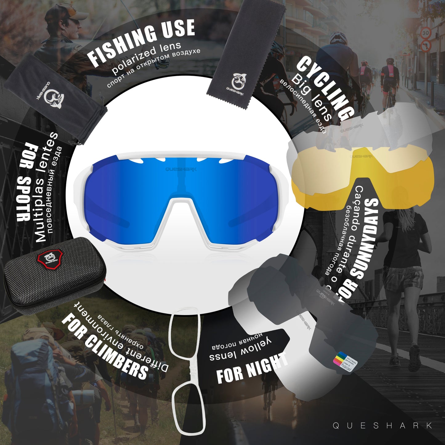 Óculos de sol polarizados brancos QE55 Óculos de ciclismo masculino e feminino Óculos de direção grandes com 5 lentes