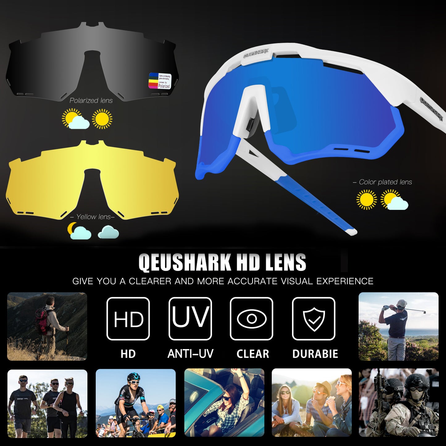 QE52 White Blue Polarized Cycling Glasses Men Women Sport Sunglasses with Replaceable Frame/Lens