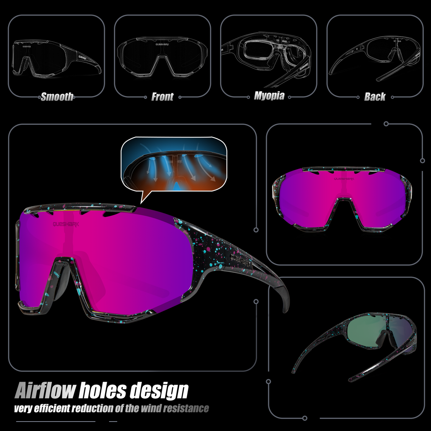 <transcy>QE55 Starry Sky Pink Gafas de sol polarizadas Ciclismo Gafas Hombres Mujeres Gafas de conducción de gran tamaño con 5 lentes</transcy>